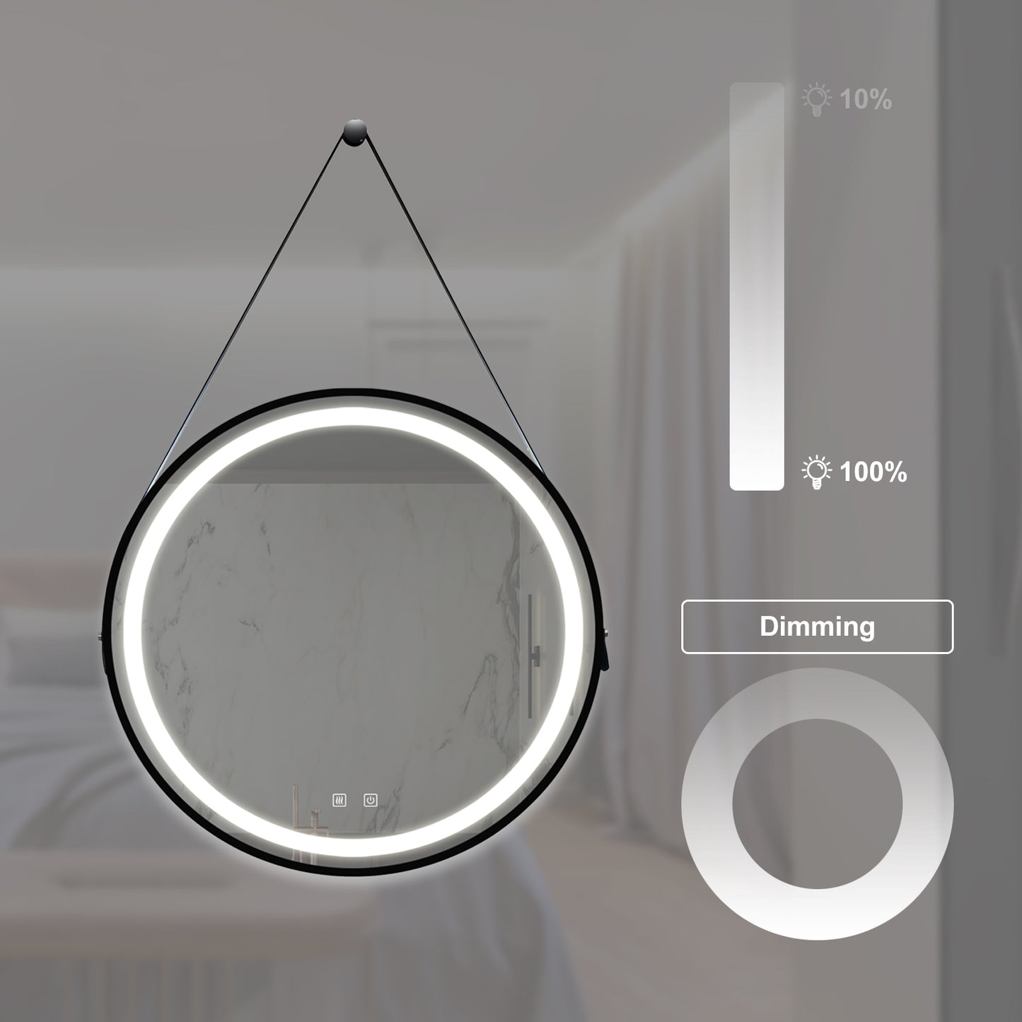Round bathroom mirror with LED light and dimming feature