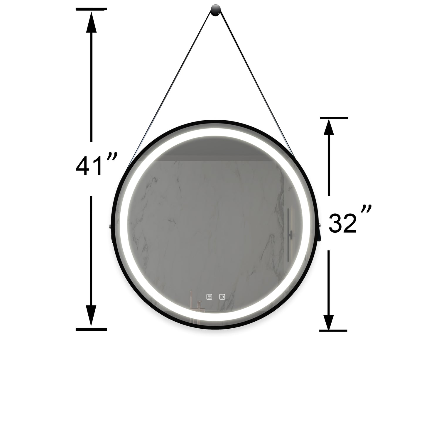 inch round LED bathroom mirror with a black frame and marbleeffect glass