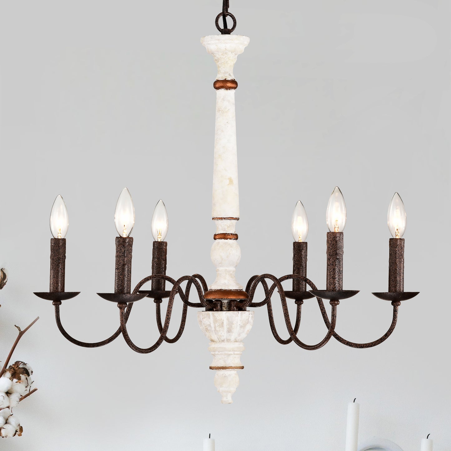 Rustic farmhouse chandelier with white distressed pillar and bronze candlestyle lights