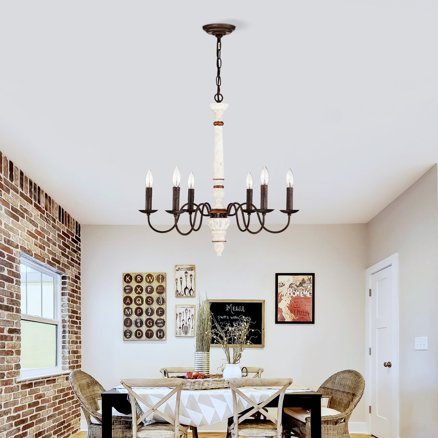 Antique white distressed chandelier with six dark metal arms and candlestyle bulbs