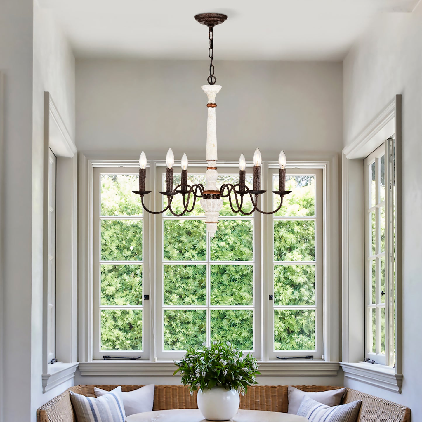 Rustic farmhouse chandelier with six arms and a marblelook central column
