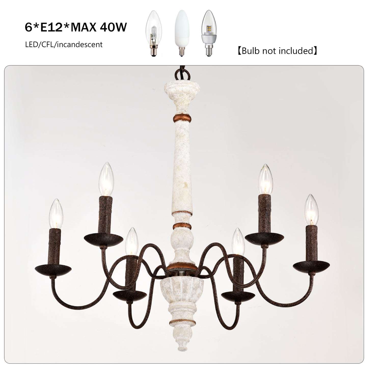 Rustic farmhouse chandelier with distressed white wood center and six candlestyle lights
