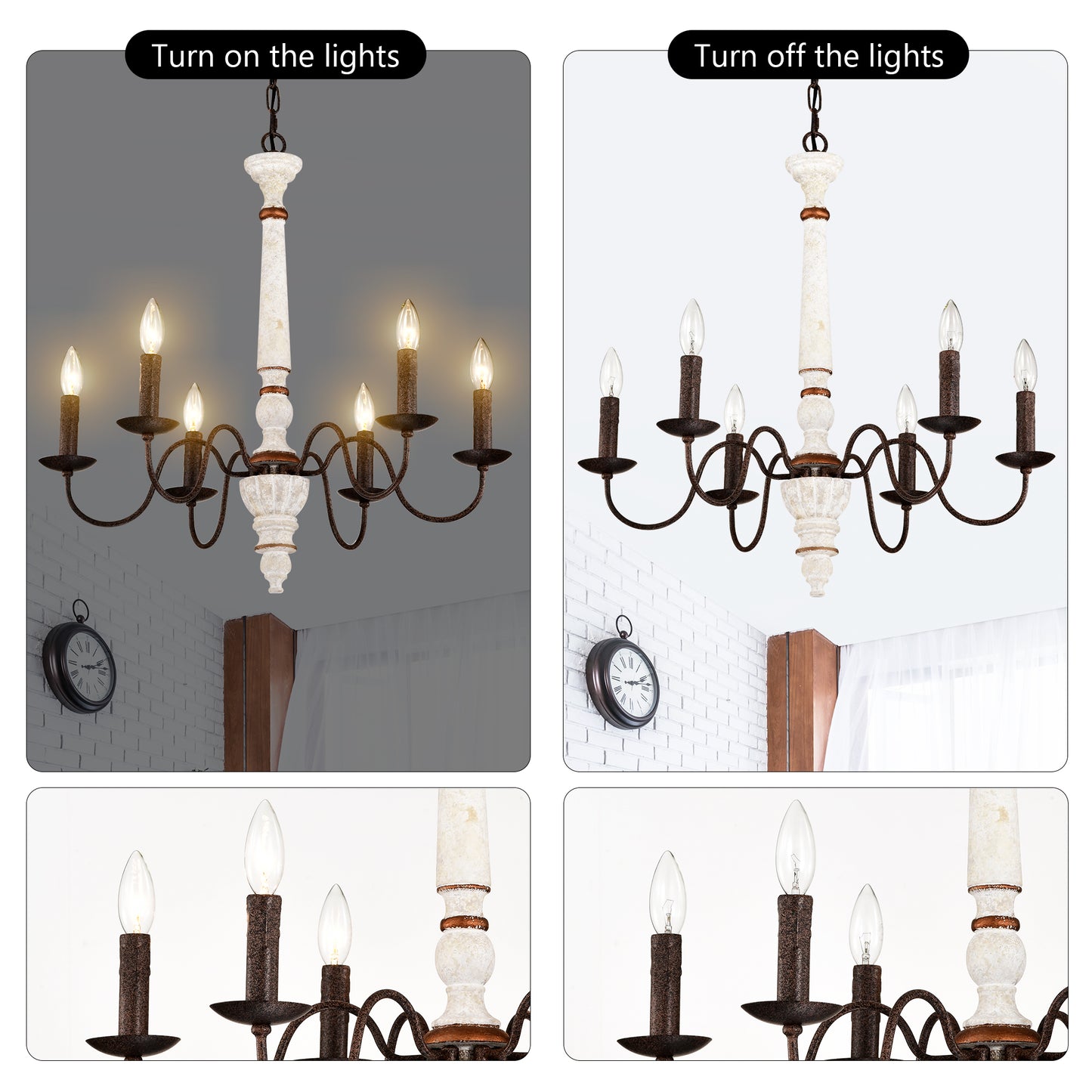 Rustic farmhouse chandelier with distressed white wood accents and candlestick bulbs