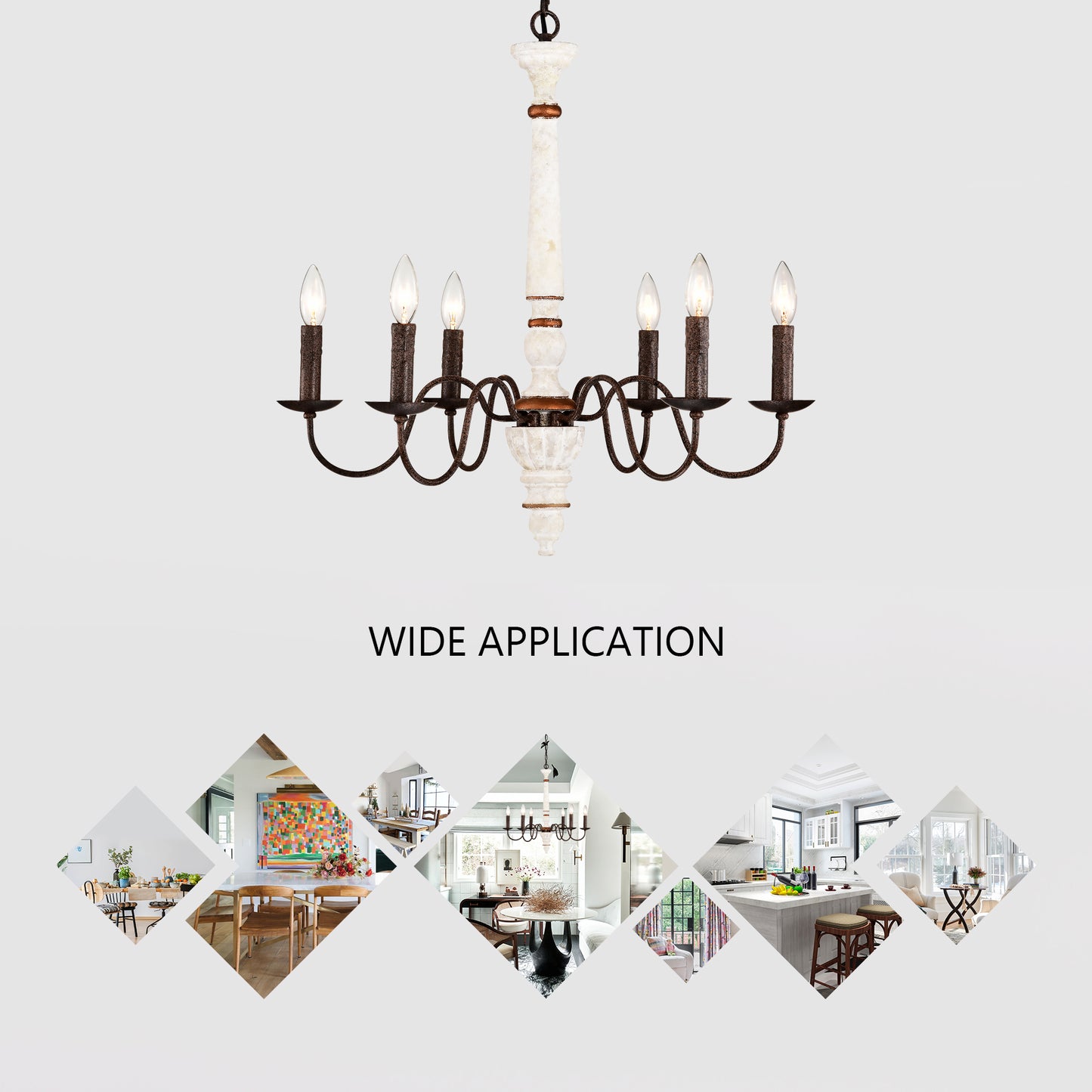 Rustic light black metal chandelier with white distressed pillar and candelabra bulbs