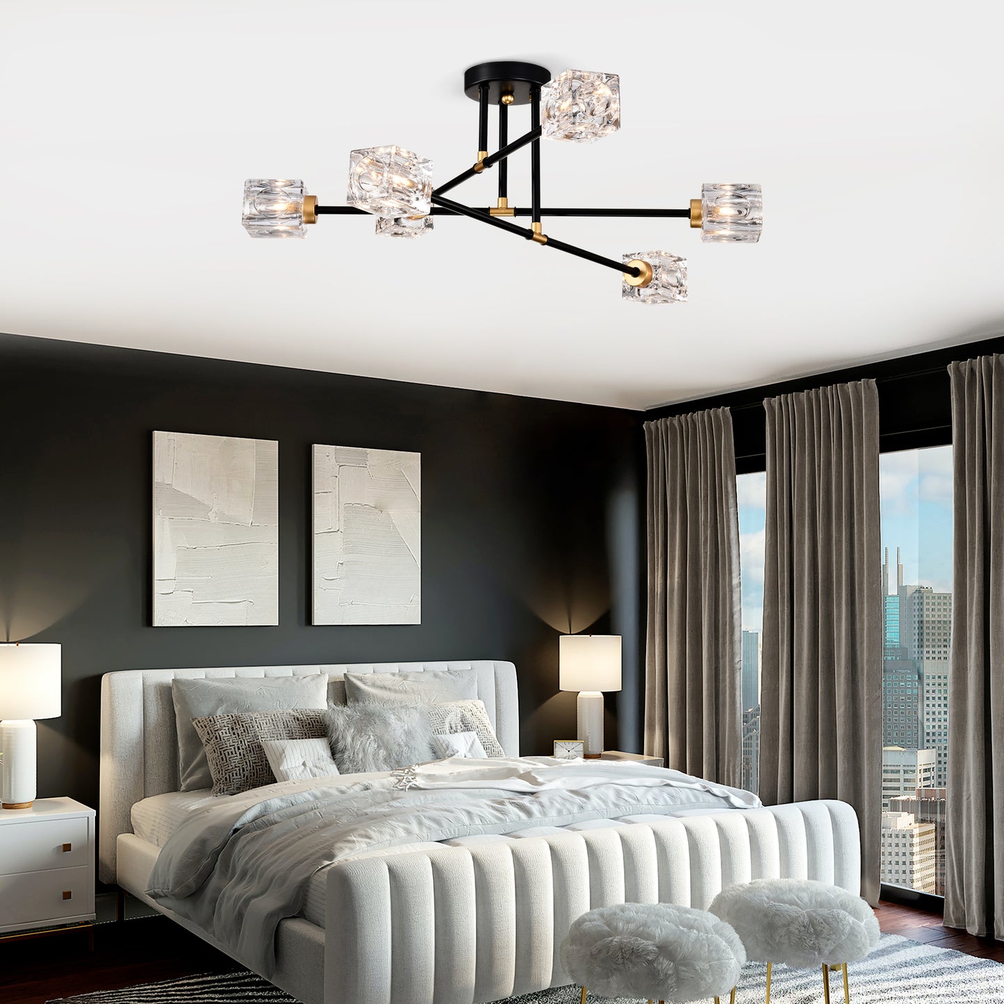 Modern black chandelier with crystal cubes and brass accents