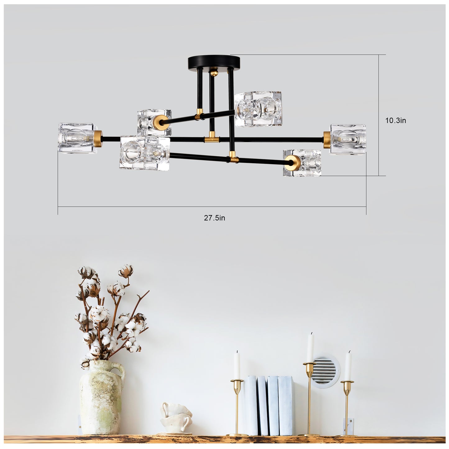 Modern black chandelier with crystal cube shades and gold accents in wide