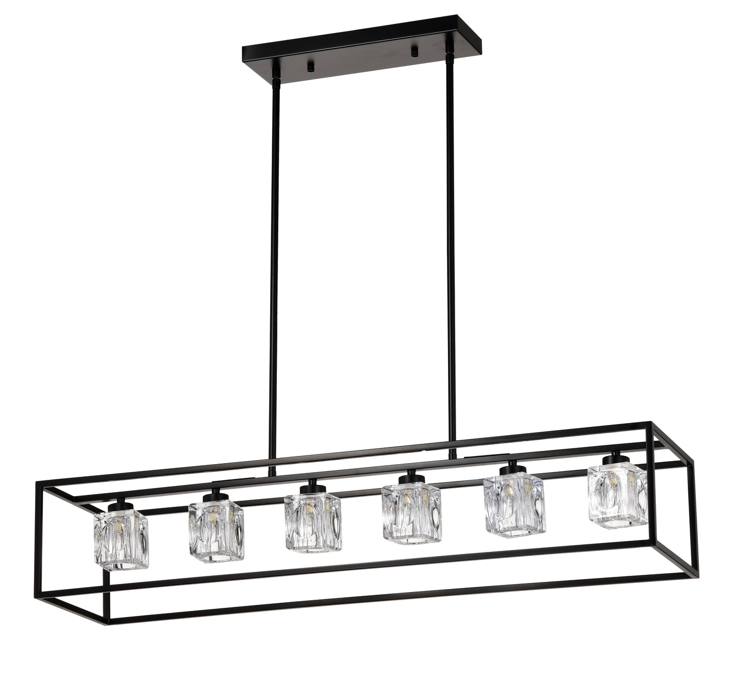 Black linear chandelier with six crystal cube pendants