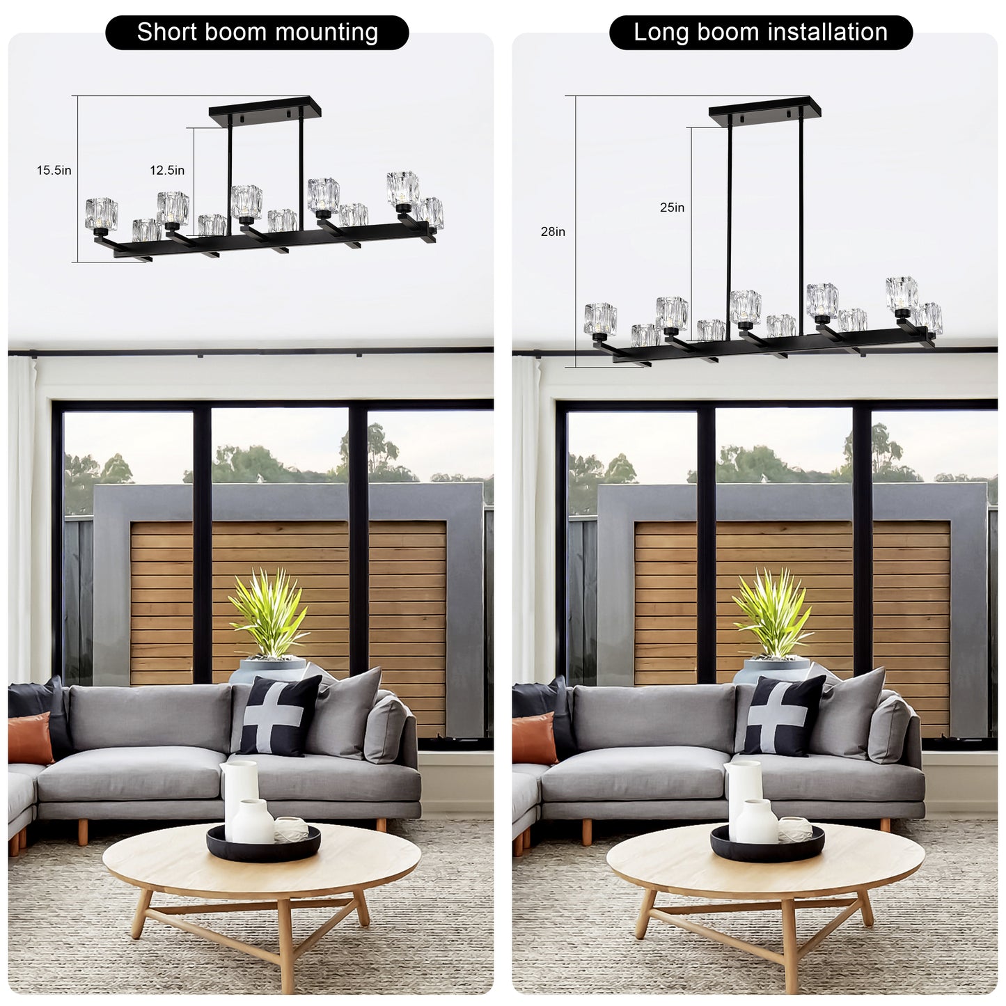 Black linear chandelier with crystal shades in height short boom mounting