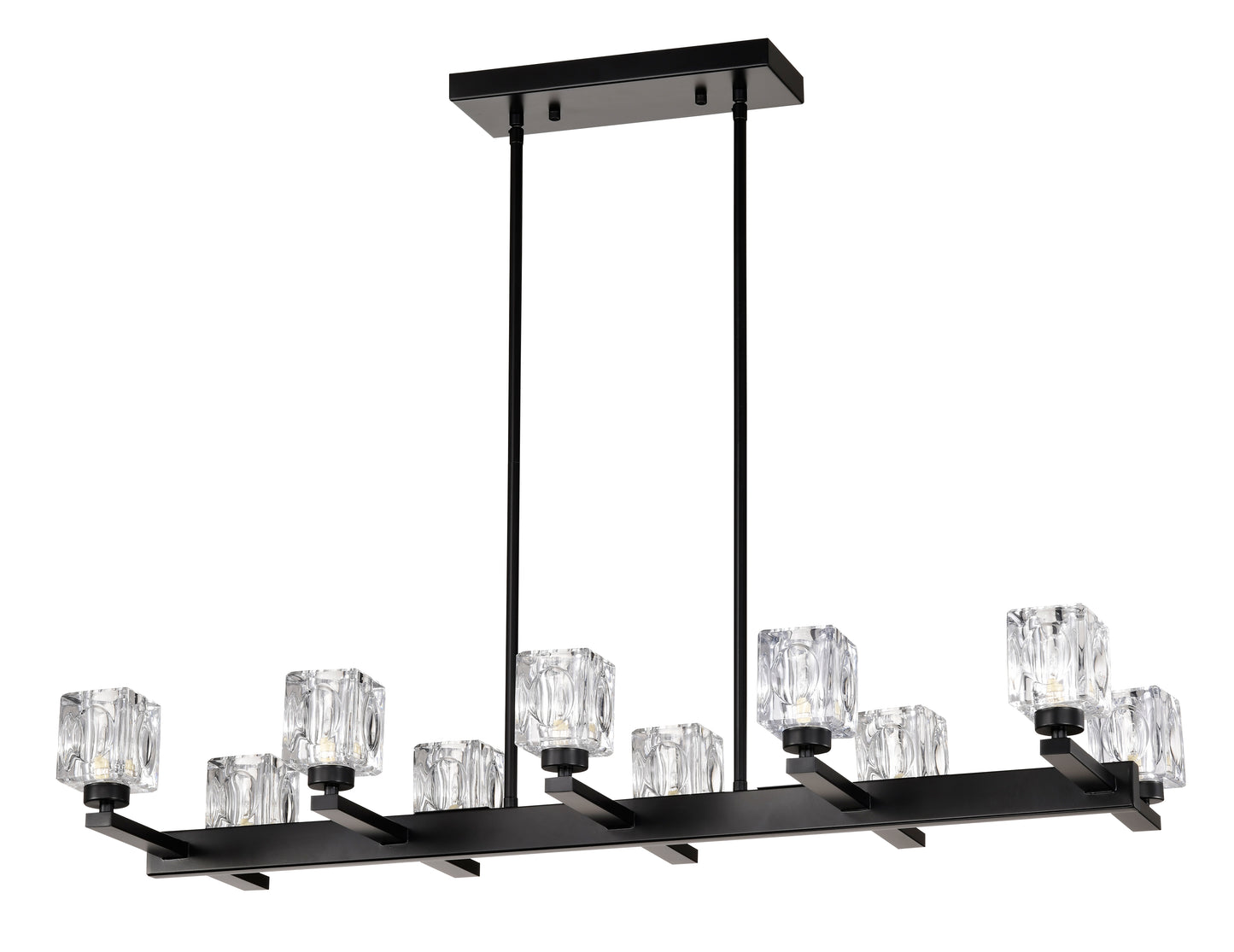 Black modern chandelier with eight clear glass cube shades and a linear design