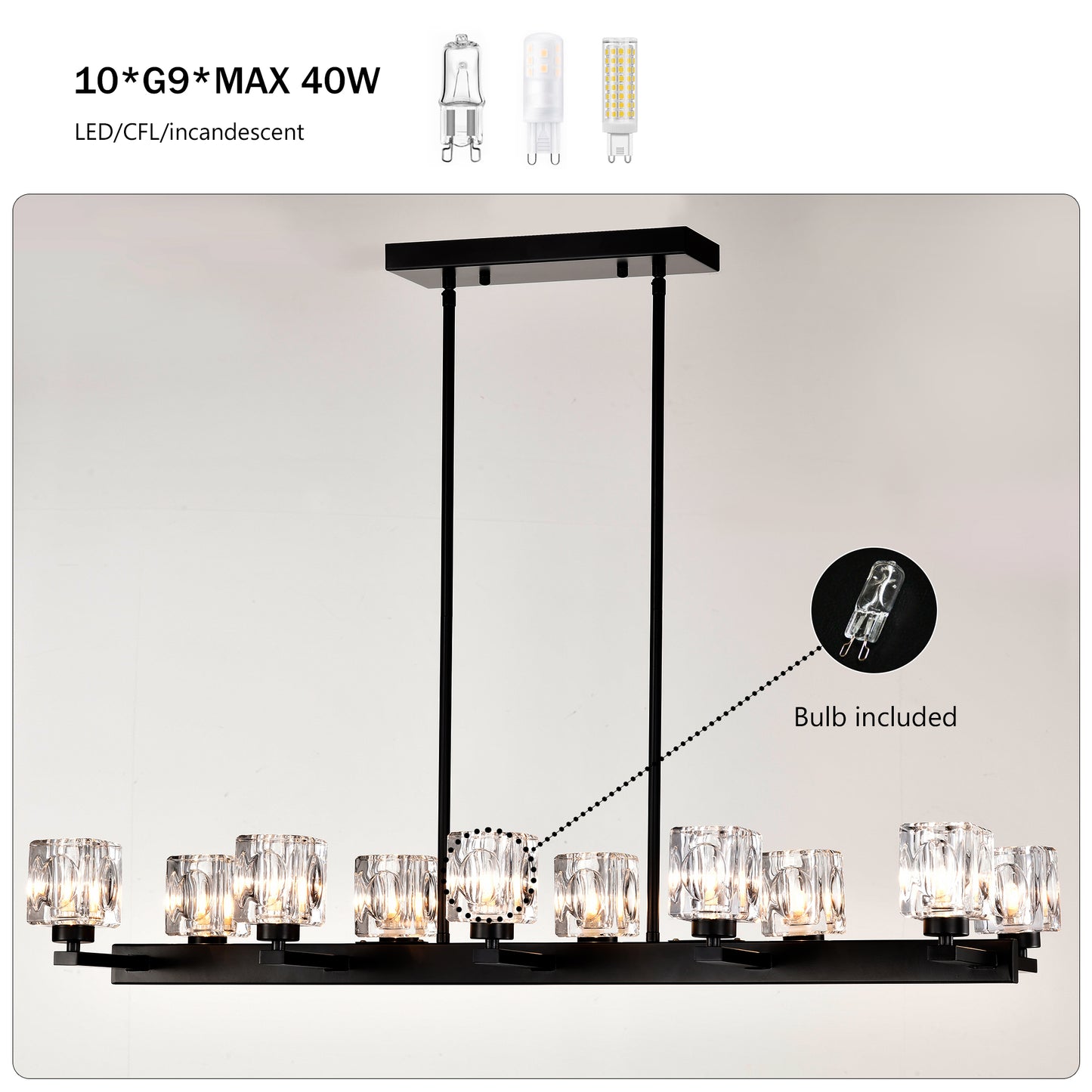 Black modern chandelier with ten crystal shades and G bulb sockets