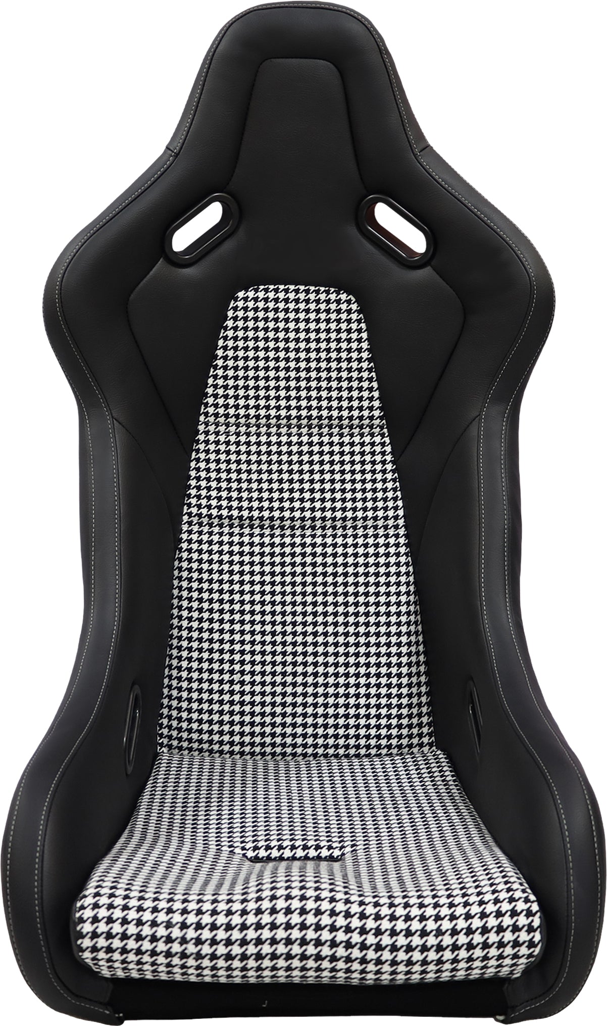 Black racing bucket seat with houndstooth fabric insert and white stitching detail