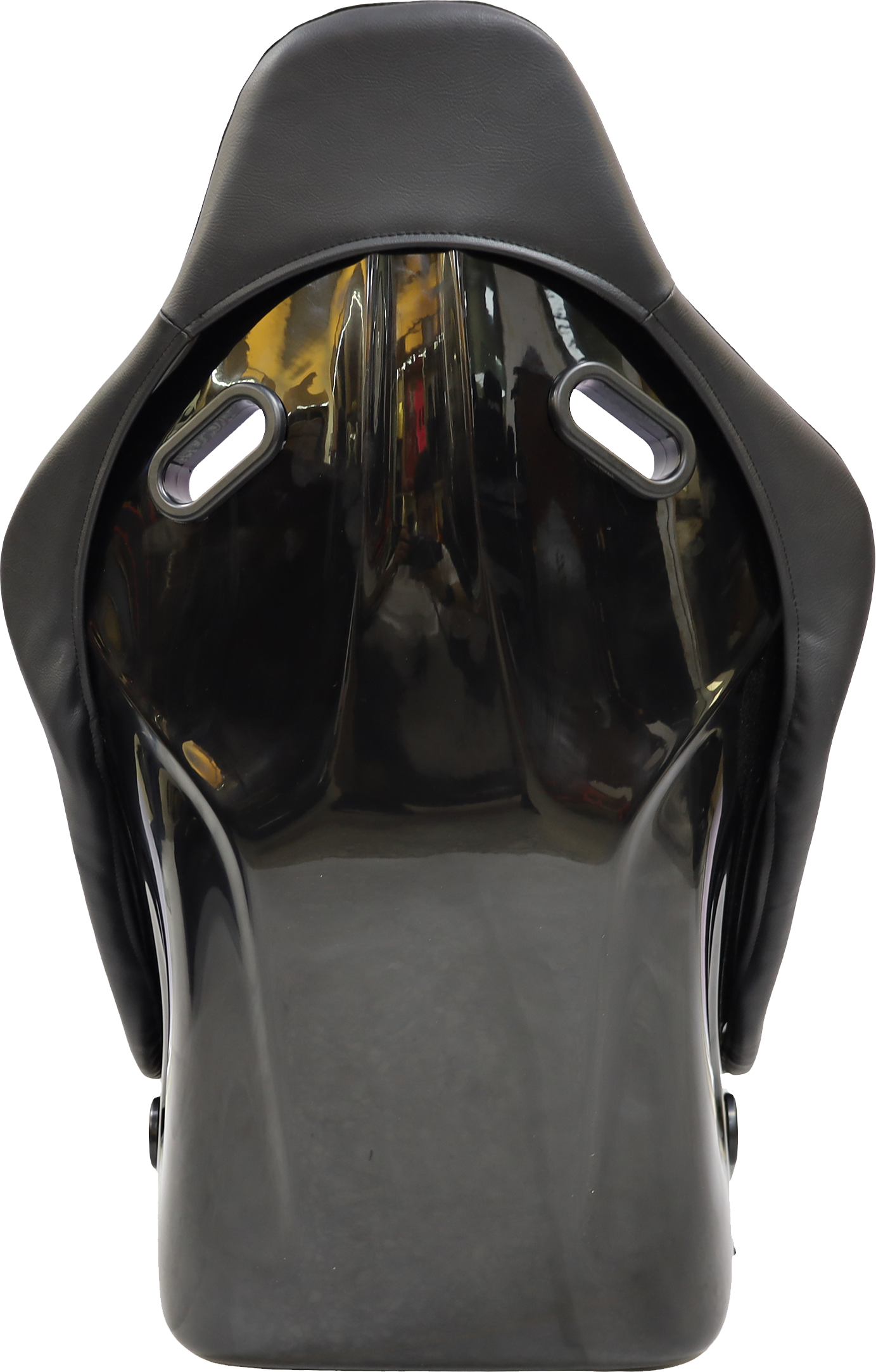 Black racing bucket seat with harness openings and smooth fiberglass shell