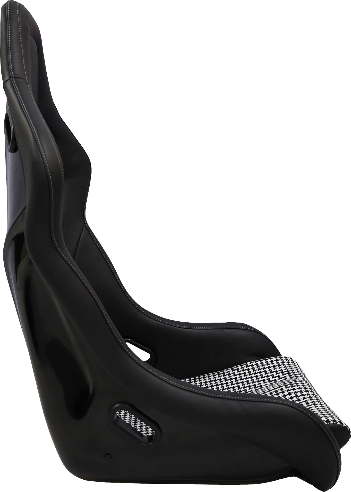 Black racing bucket seat with houndstooth fabric insert and grey stitching