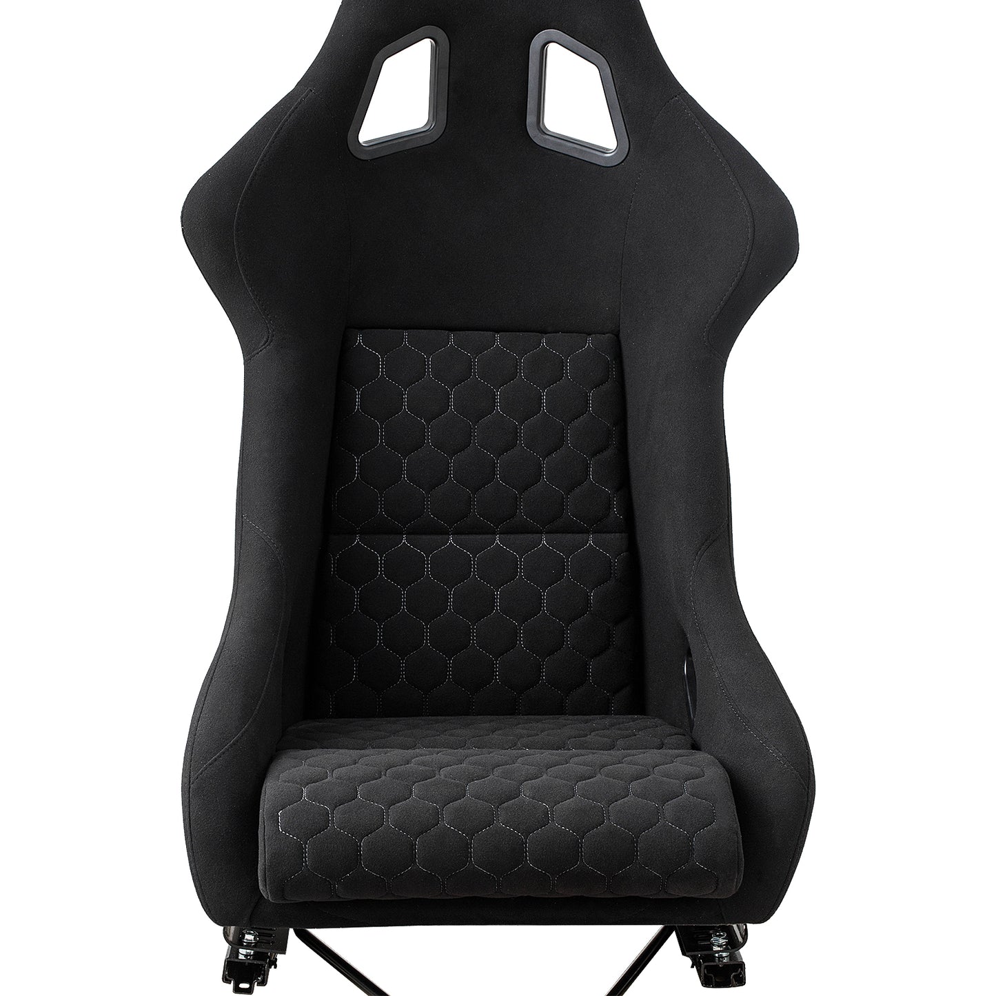 Black racing bucket seat with hexagonal stitched padding and harness cutouts