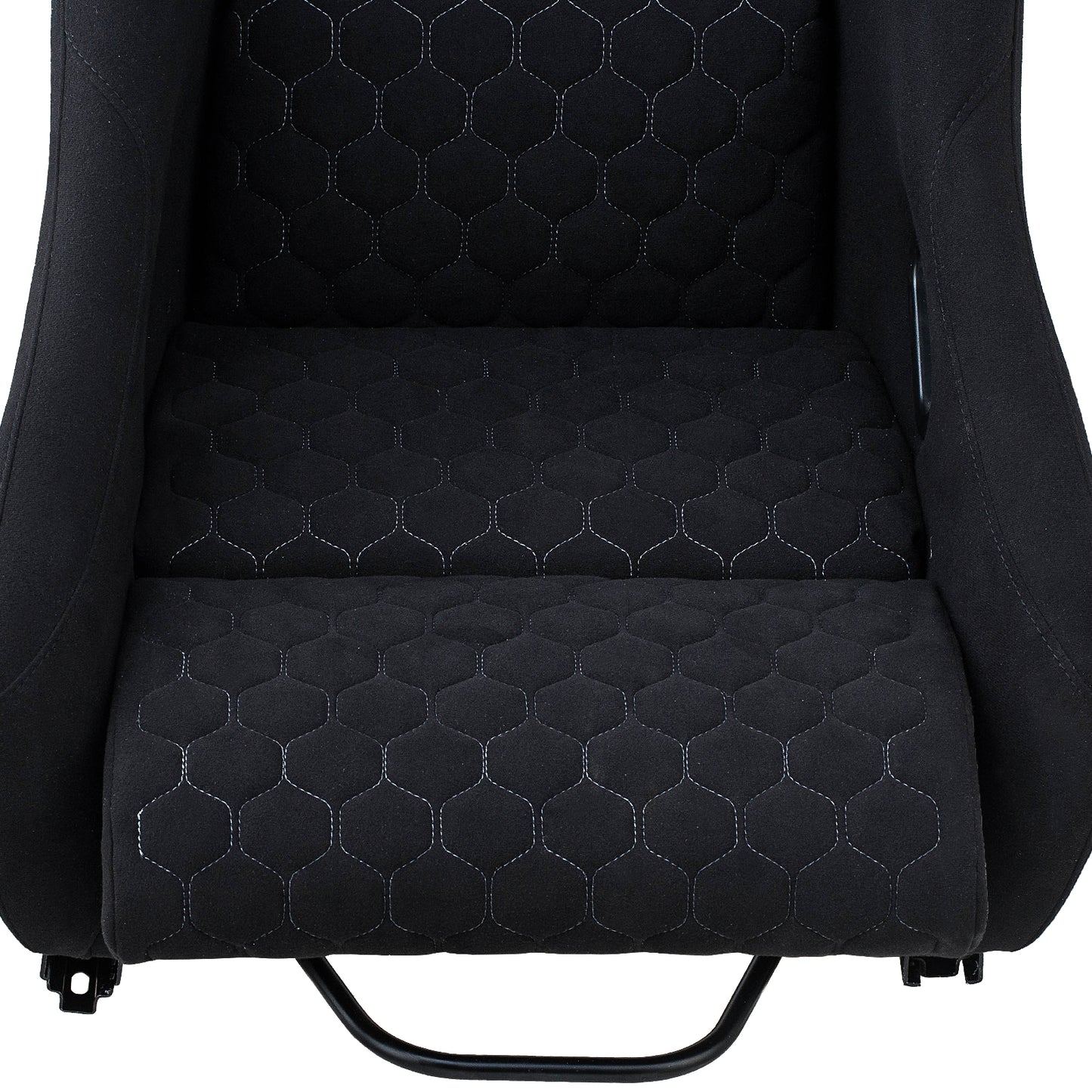 Black bucket seat with hexagonal stitching detail and white accent piping