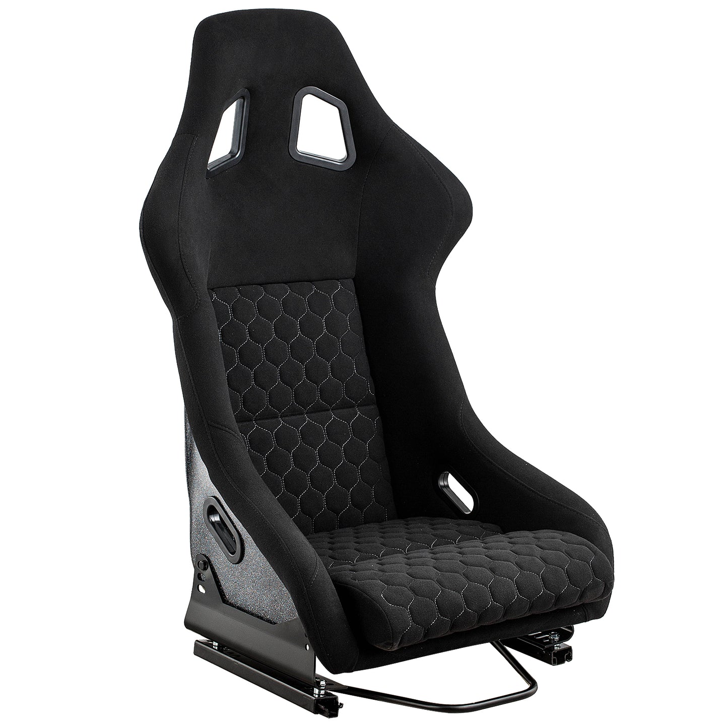 Black racing seat with hexagonal stitching offering enhanced driver support