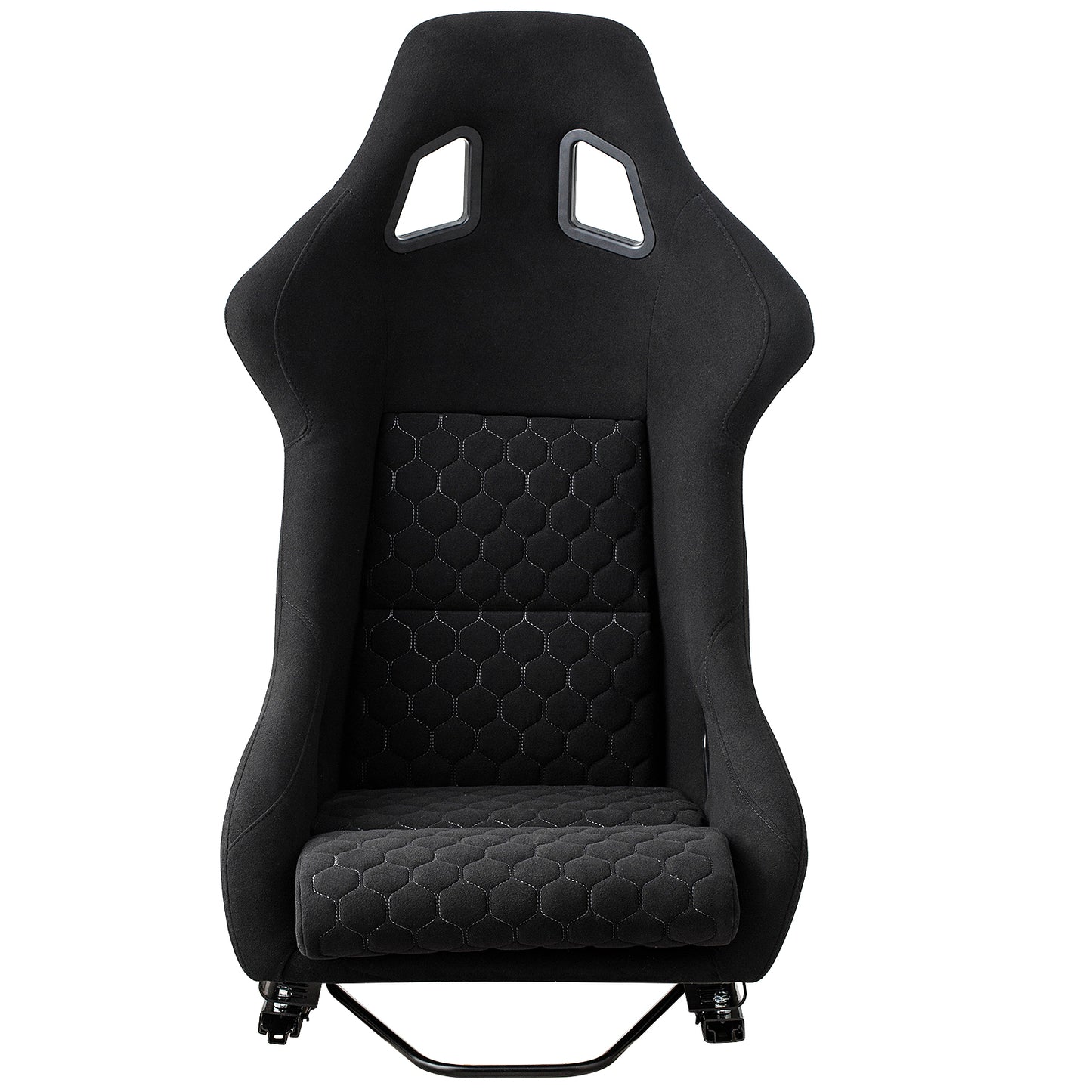 Black racing bucket seat with hexagonal stitching and harness cutouts