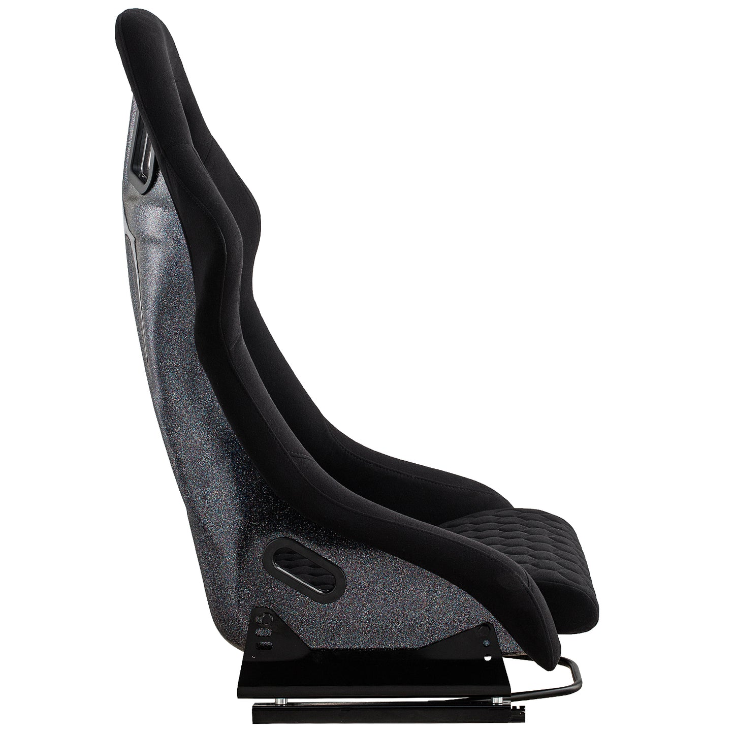 Black racing bucket seat with quilted seat cushion and glitter shell