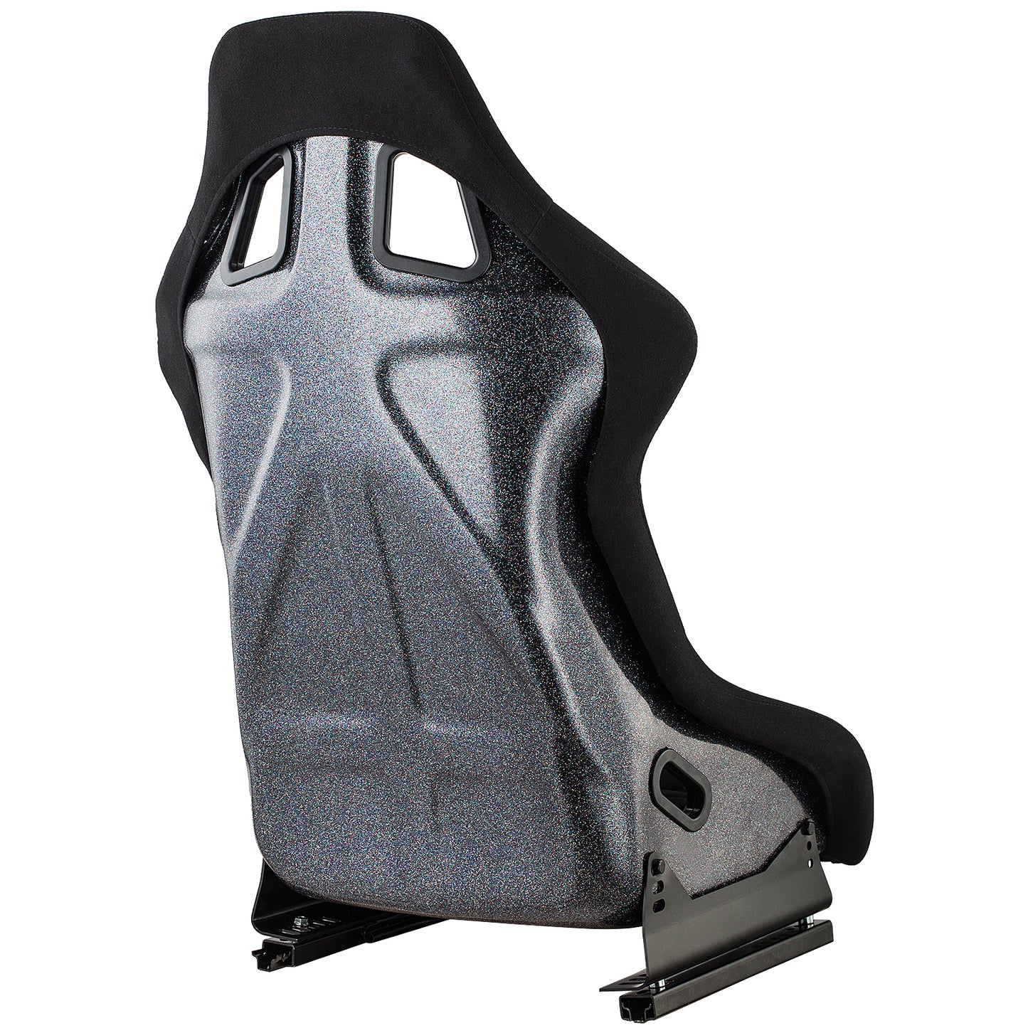 Black racing bucket seat with glitter effect shell and integrated headrest