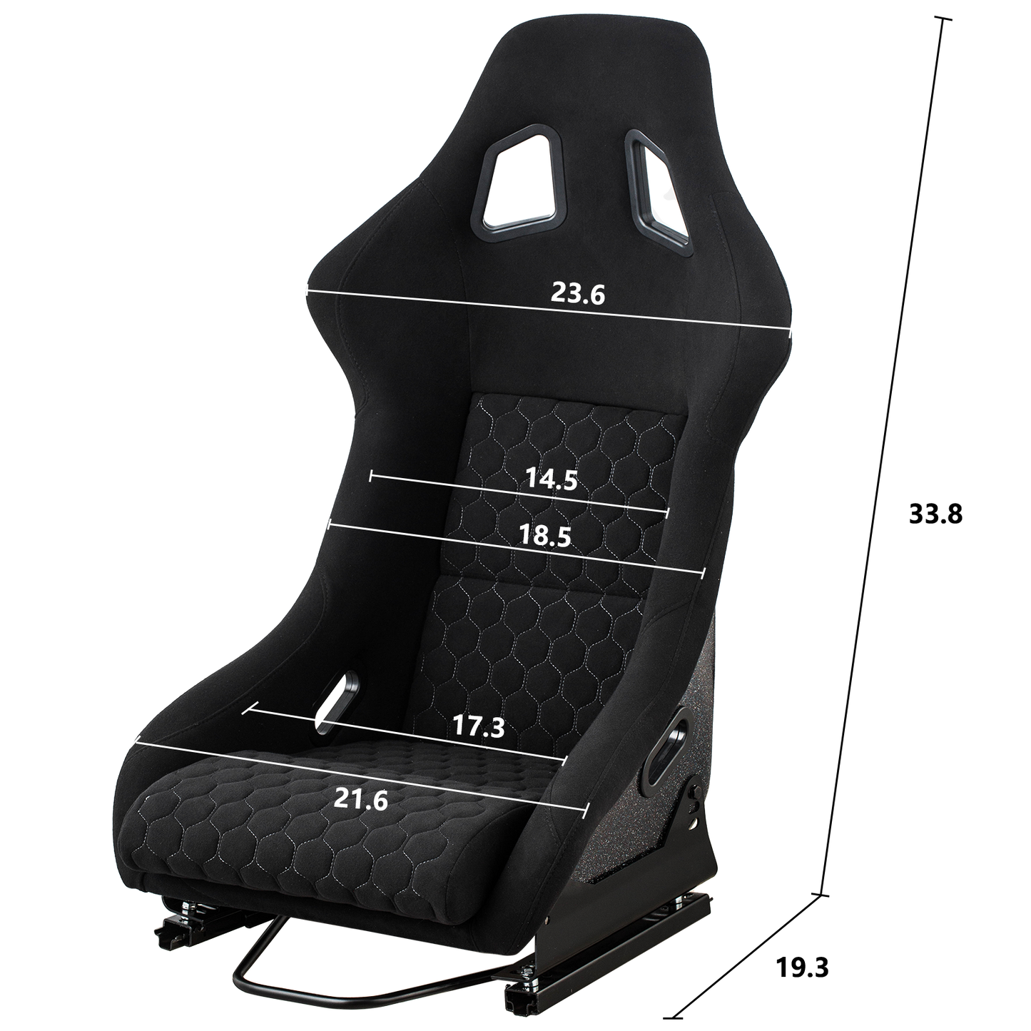 Black racing bucket seat with hexagonal stitching showing dimensions x inches