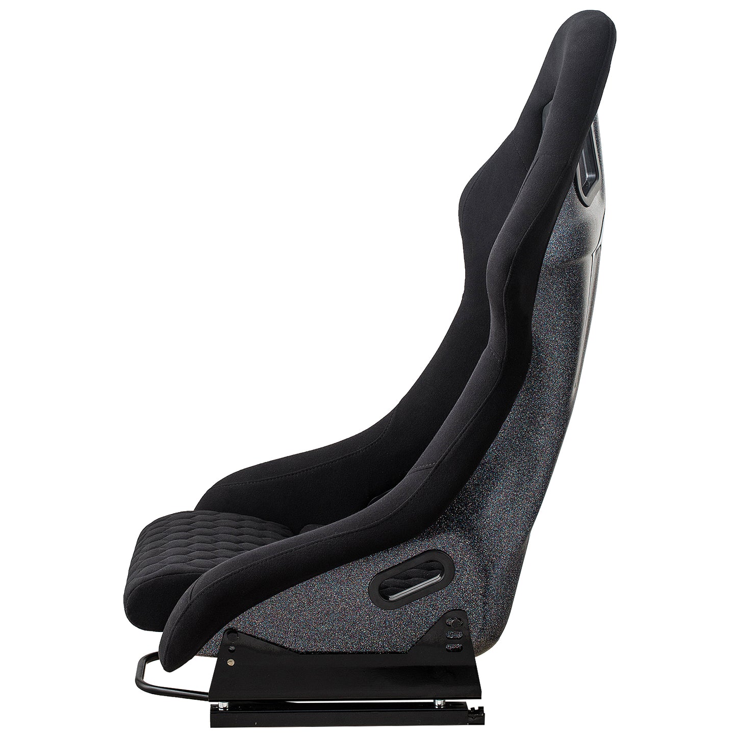 Black racing bucket seat with quilted seat base and speckled shell