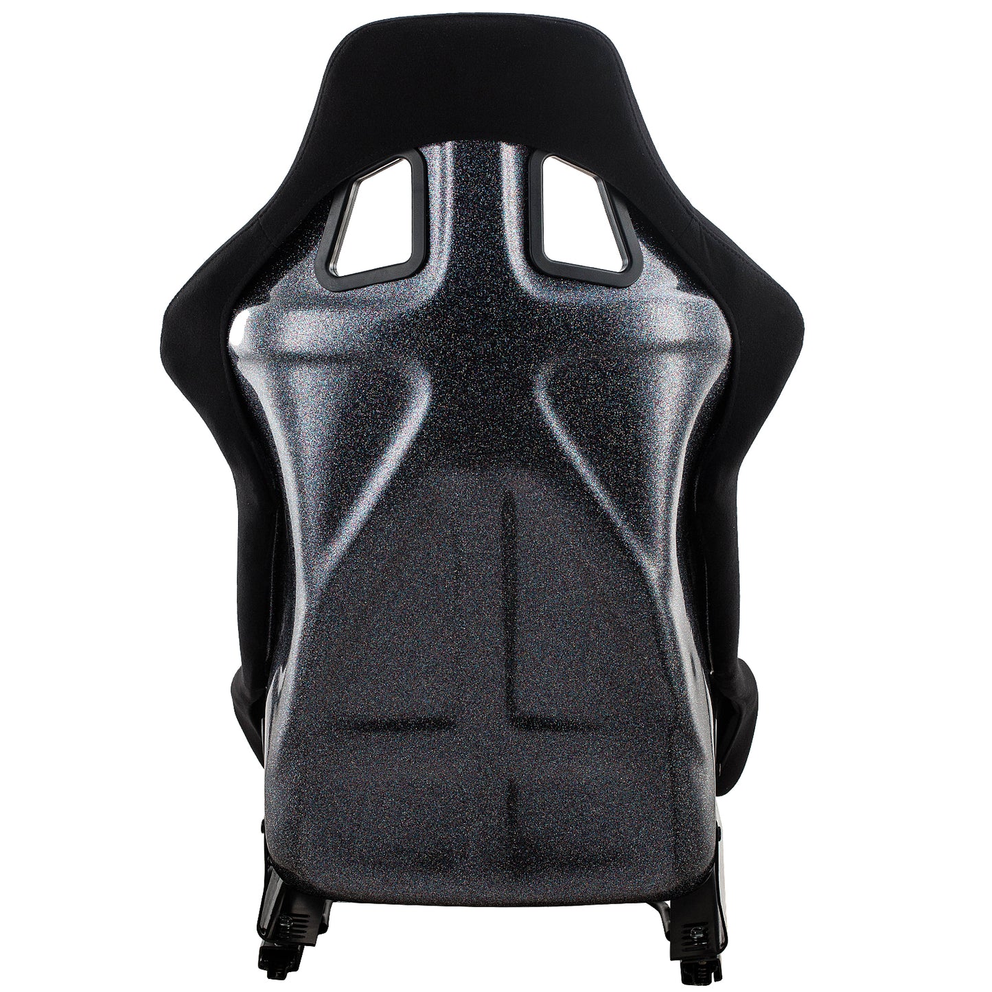 Black racing bucket seat with glitterinfused shell and integrated headrest openings