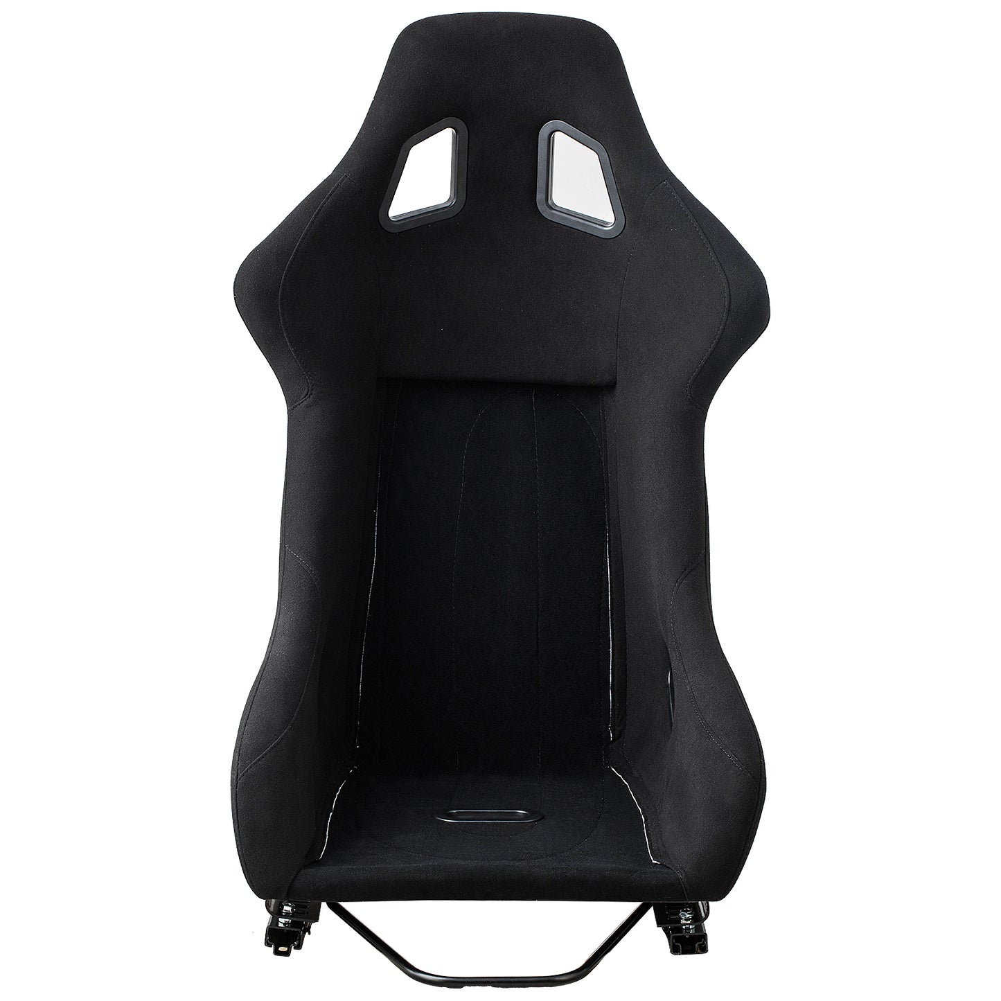 Black racing bucket seat with suedelike fabric and harness slots for performance driving