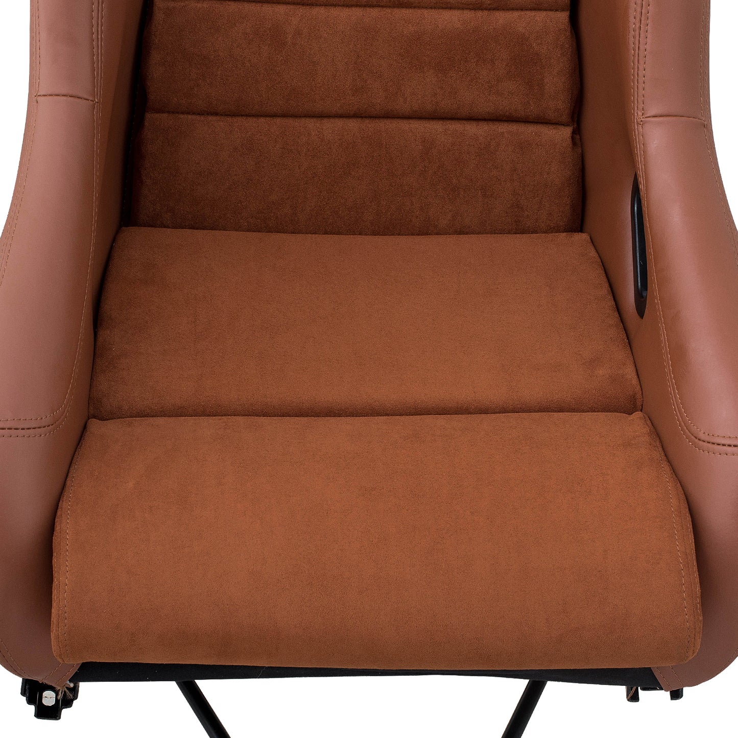 Luxurious brown faux suede gaming chair with stitched brown leather accents and recliner mechanism