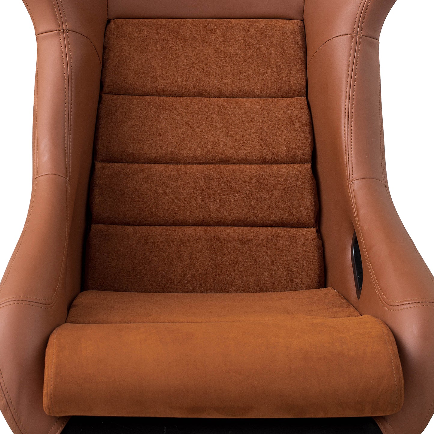 Brown leather and suede racing chair with plush segmented cushioning and ergonomic design