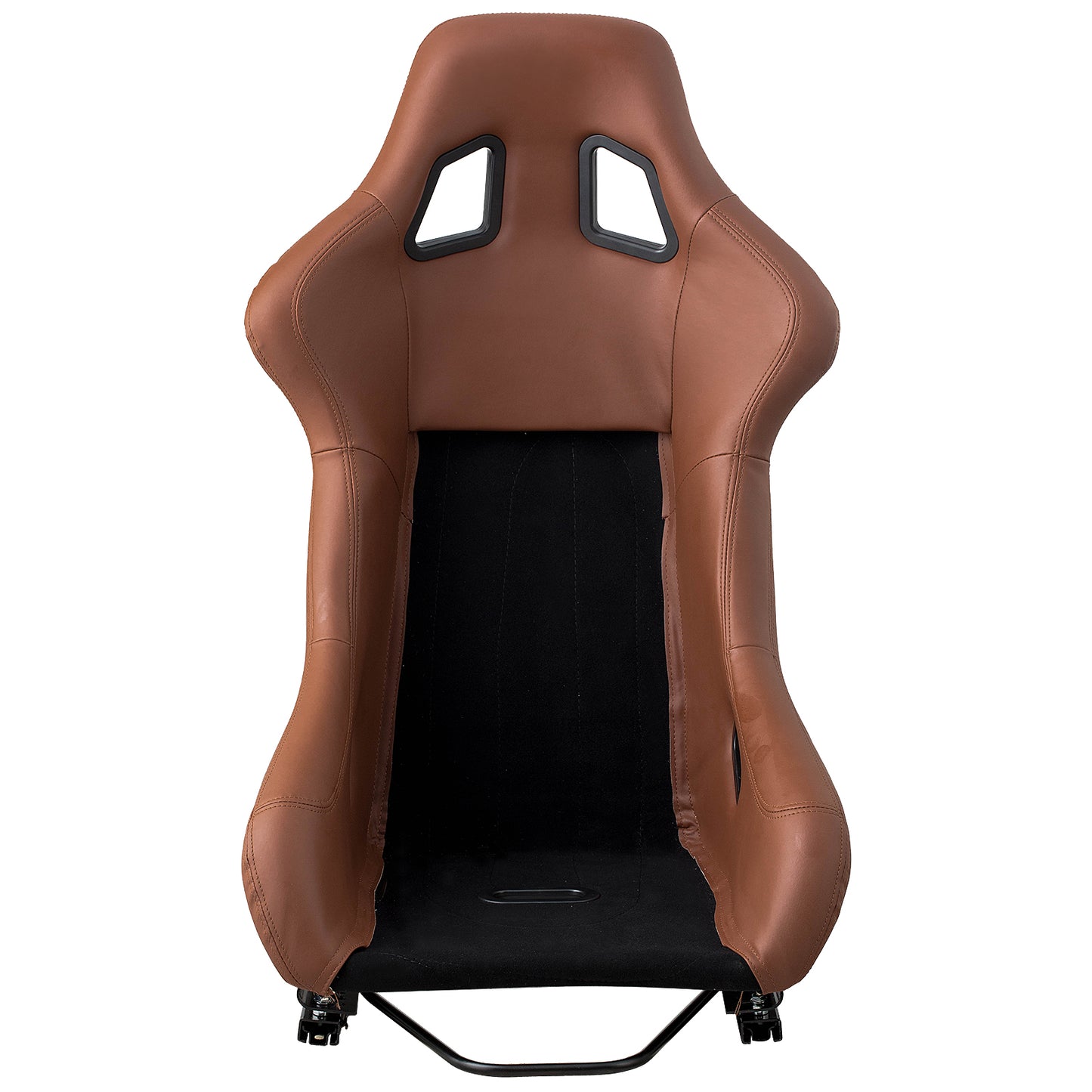 Brown racing bucket seat with black fabric insert and harness cutouts