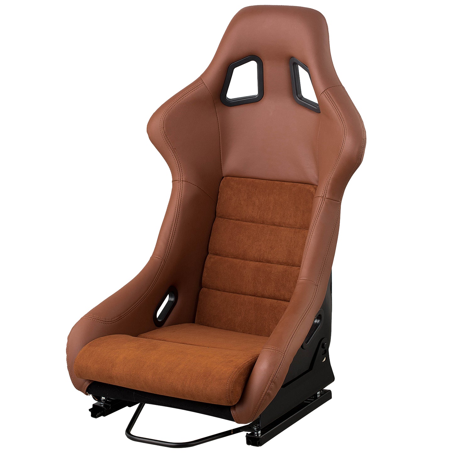 Brown racing seat with suede inserts and black metal frame offering ergonomic support for performance driving