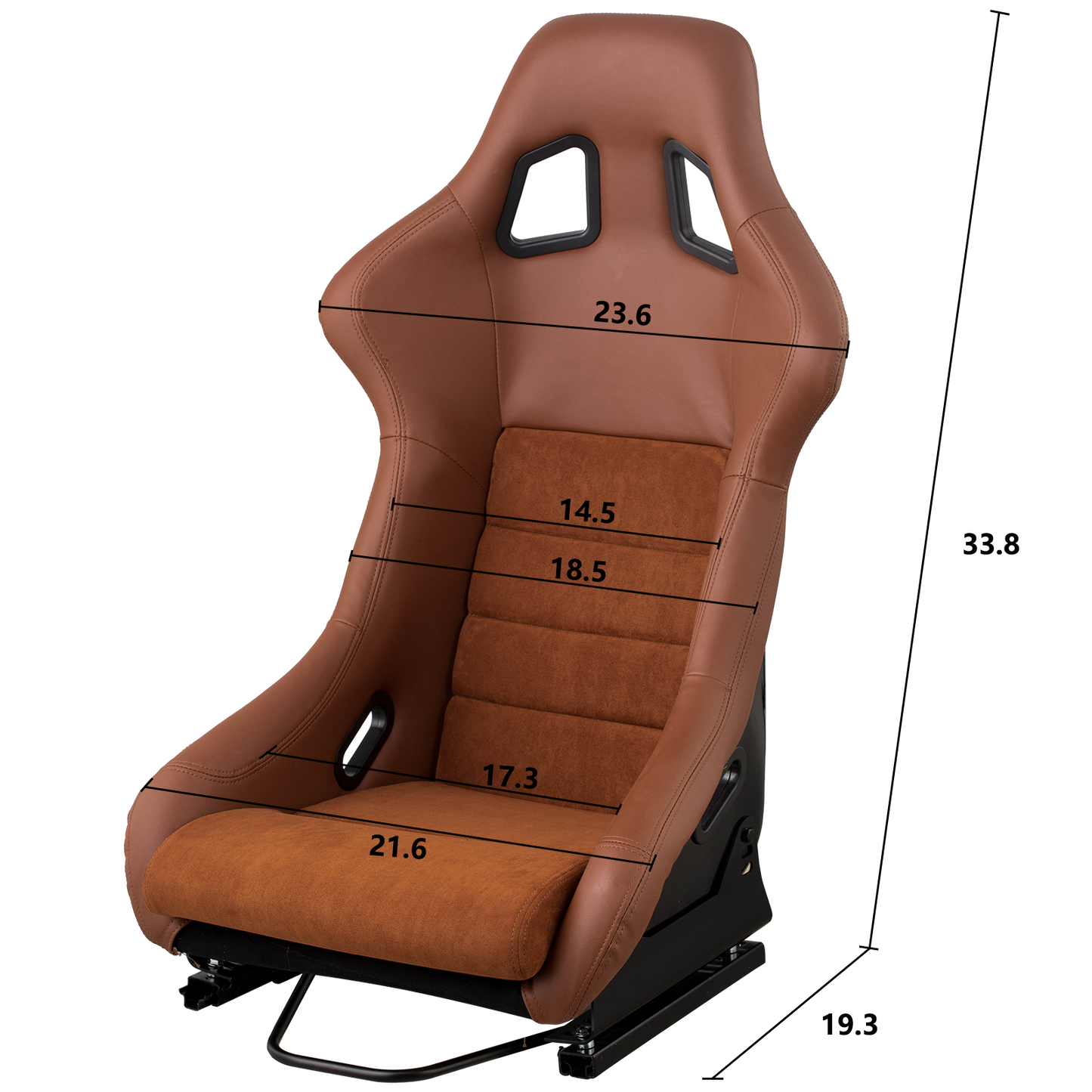 Brown leather racing seat with suede inserts and adjustable base