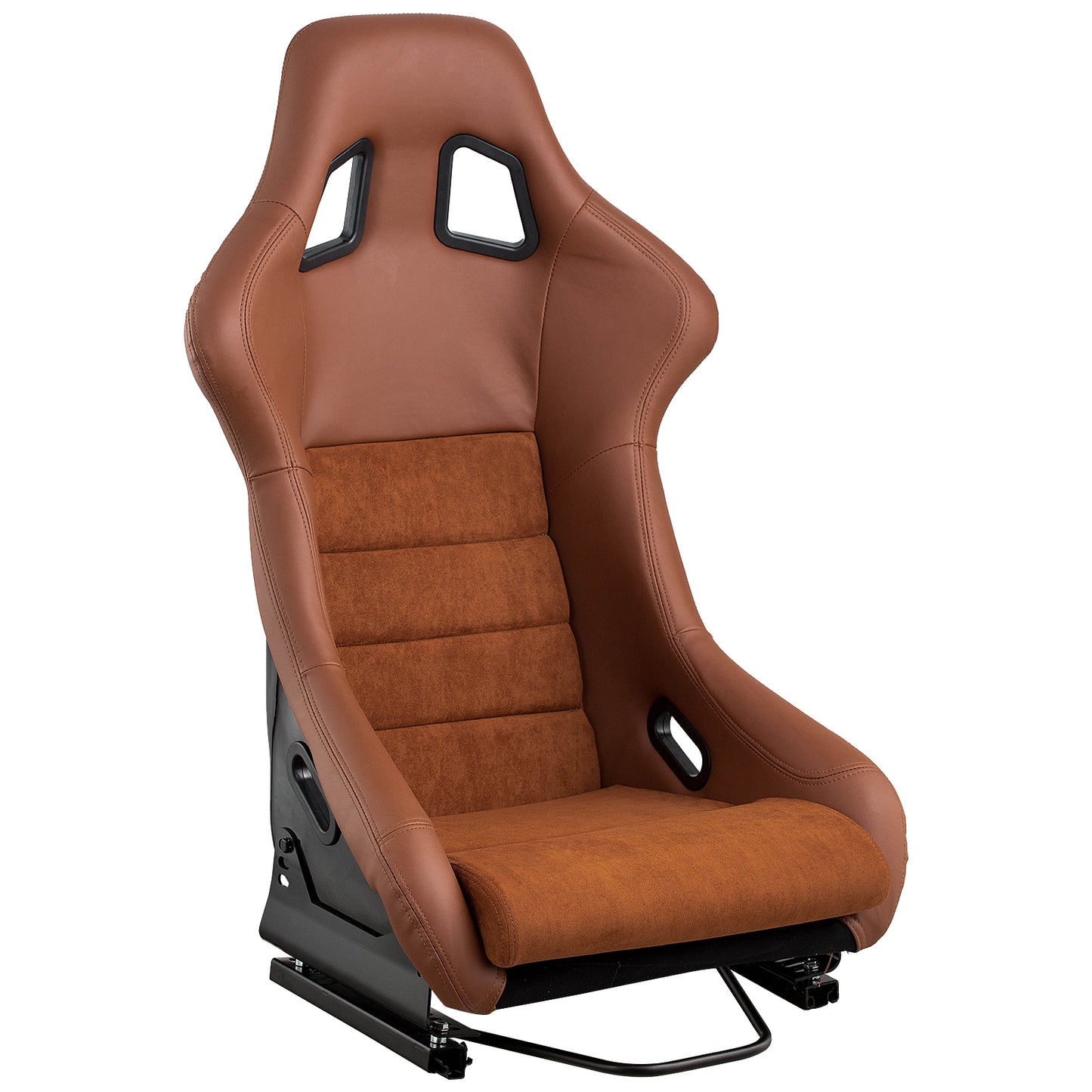 Brown racing seat with suede inserts and black accents for enhanced driving comfort