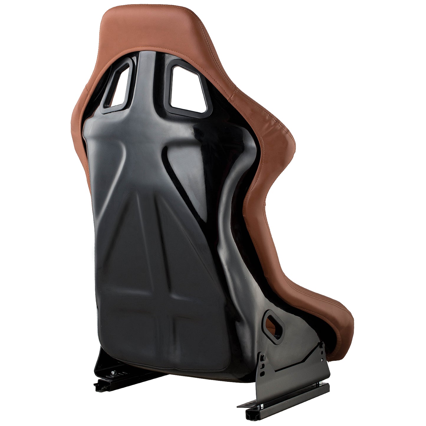 Brown leather racing bucket seat with black fiberglass shell and black metal sliders