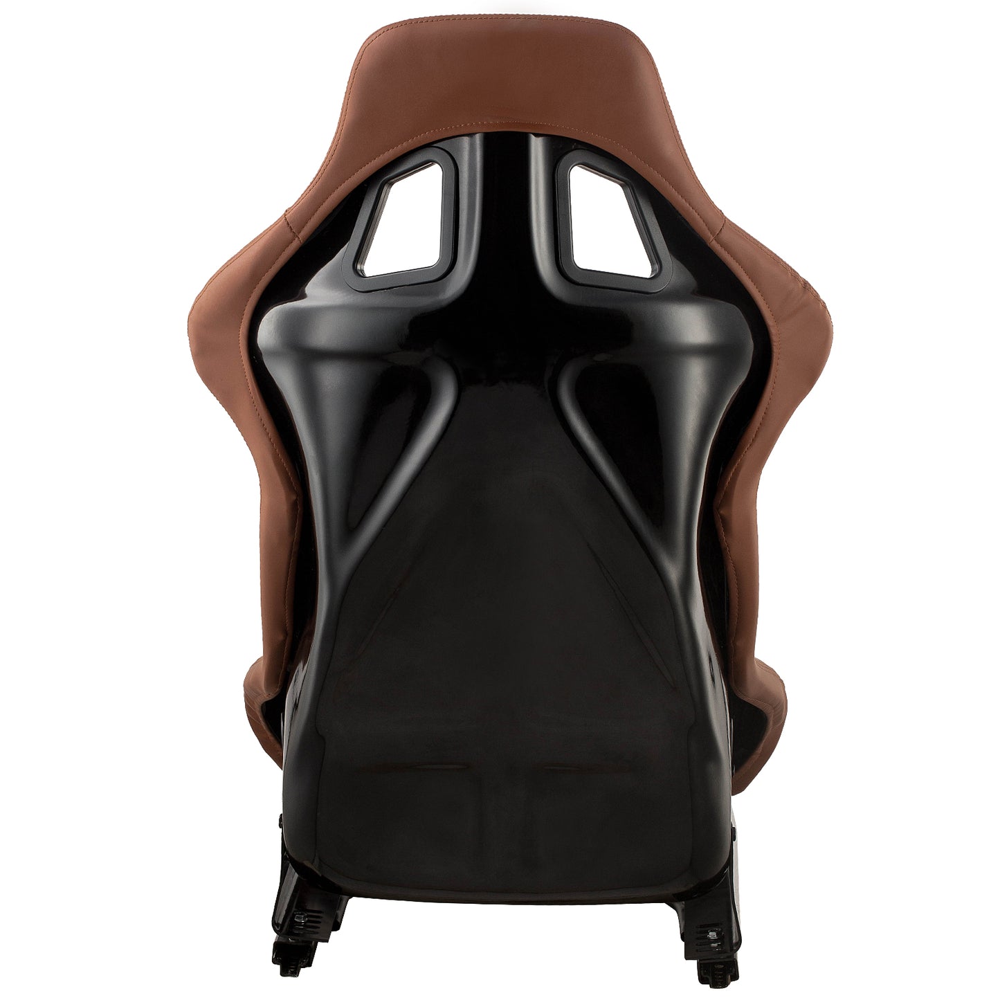 Brown leather racing seat with glossy black shell and harness cutouts