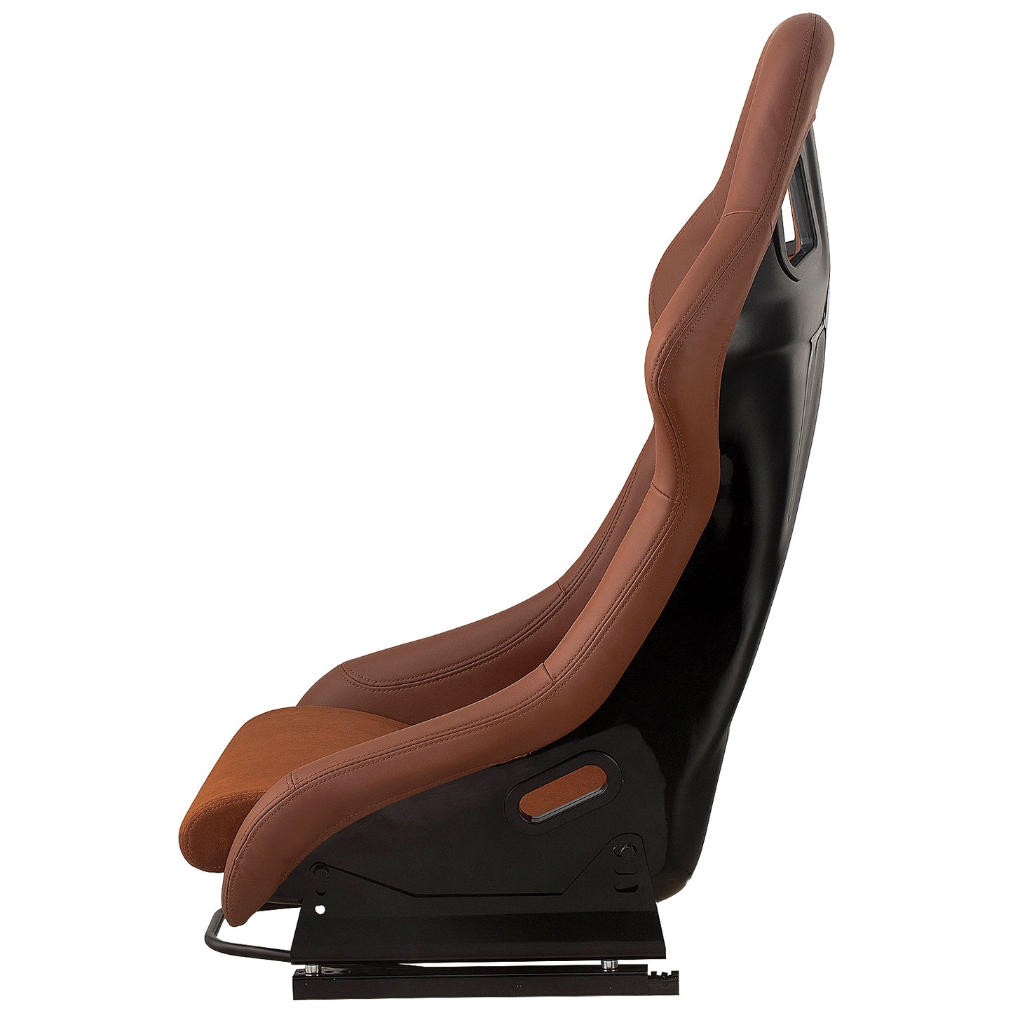 Brown leather racing bucket seat with black fiberglass shell and adjustable slider