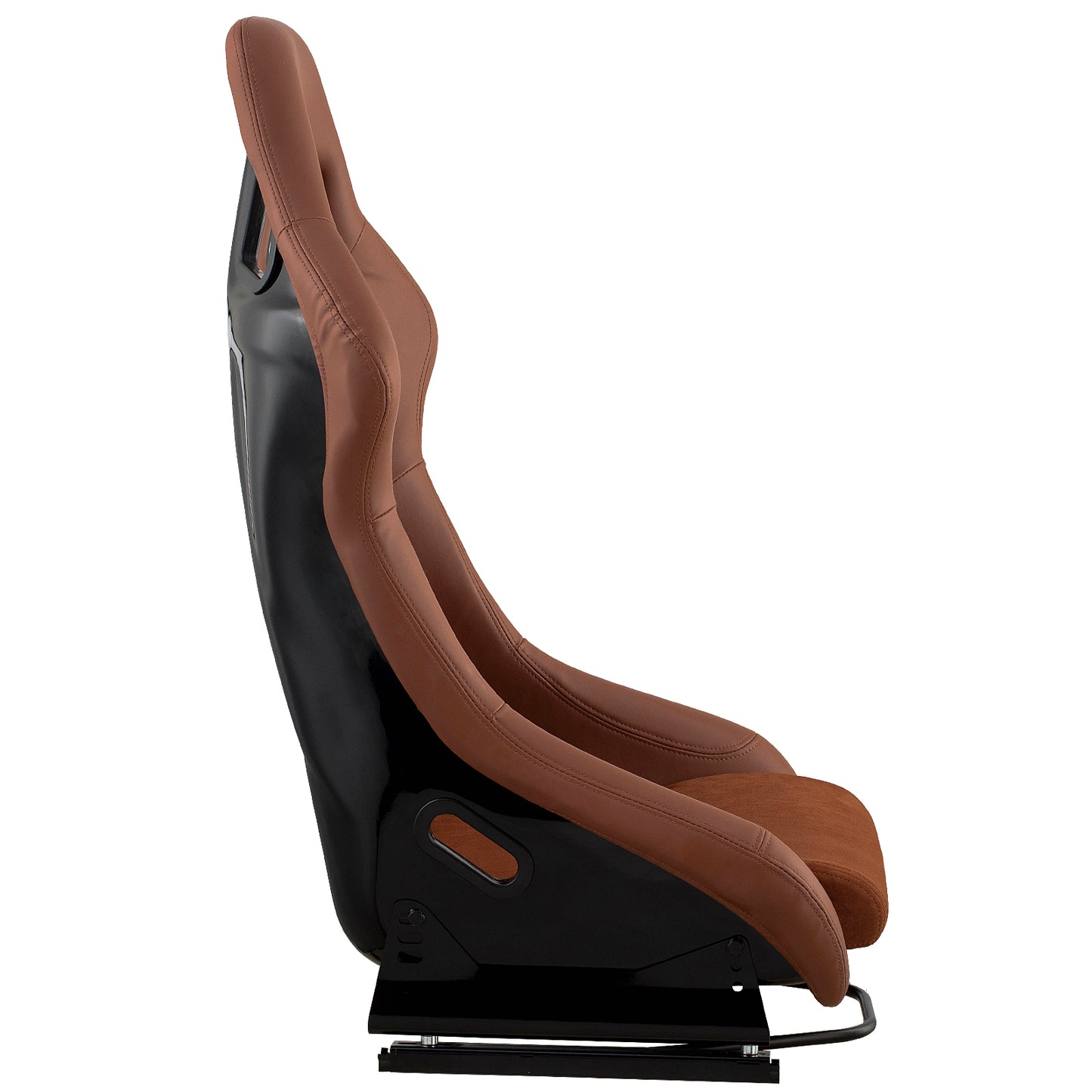 Side profile of a brown leather racing seat with black fiberglass shell and black metal base