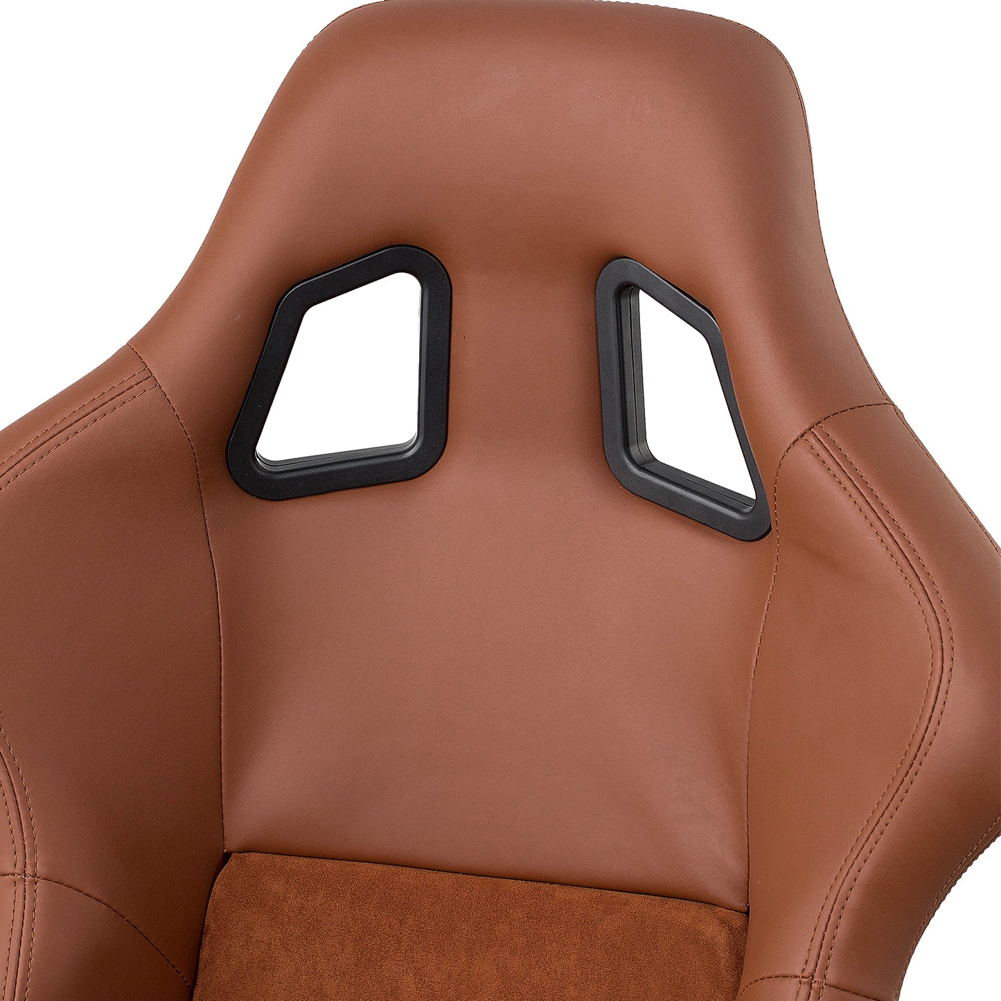 Brown racing seat with suede seat cushion and stitched leather sides