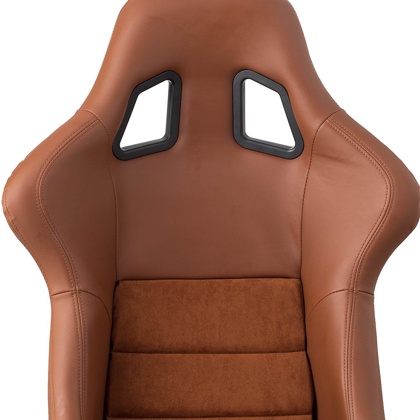 Brown leather racing seat with suede inserts and harness cutouts
