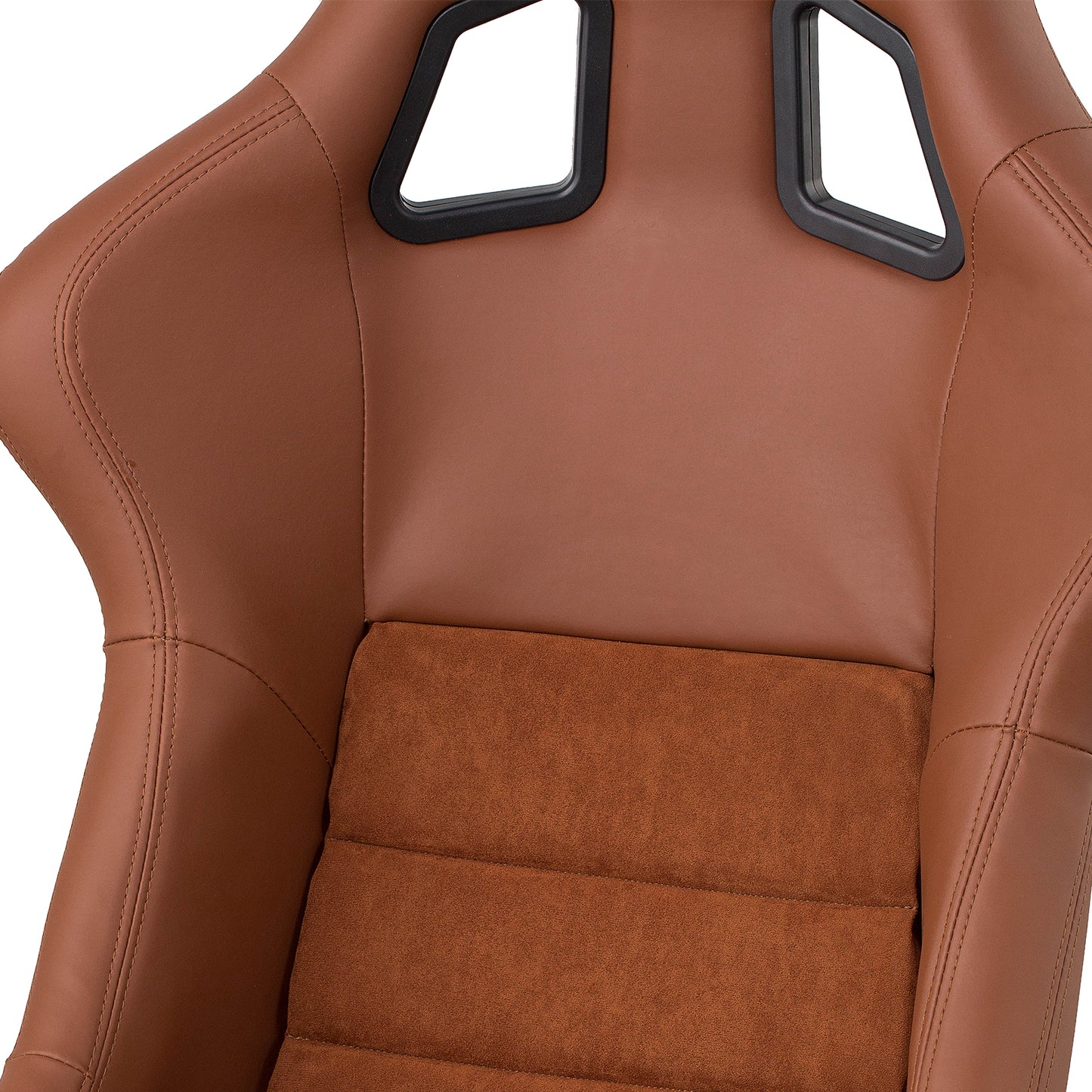 Brown leather bucket seat with suede insert and black harness slots for racing applications