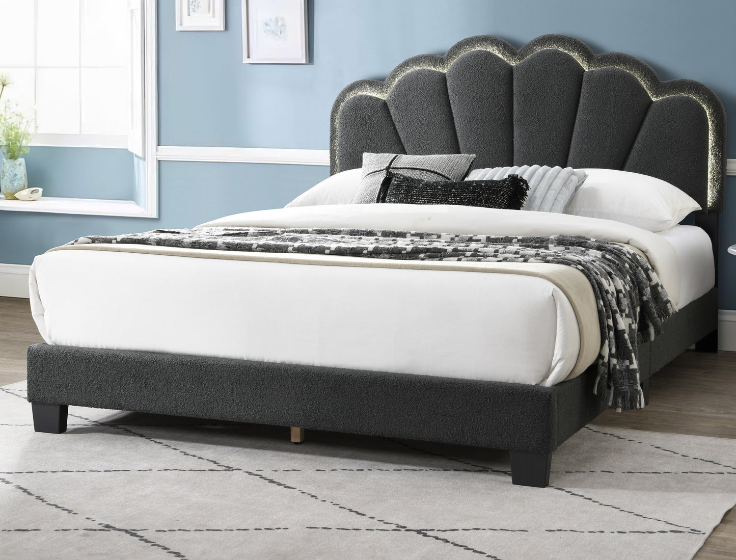 TREATLIFE HOME Queen Size Platform Bed with Charcoal Wool Fabric Headboard and Built-in LED Lights, Elegant Floral Design