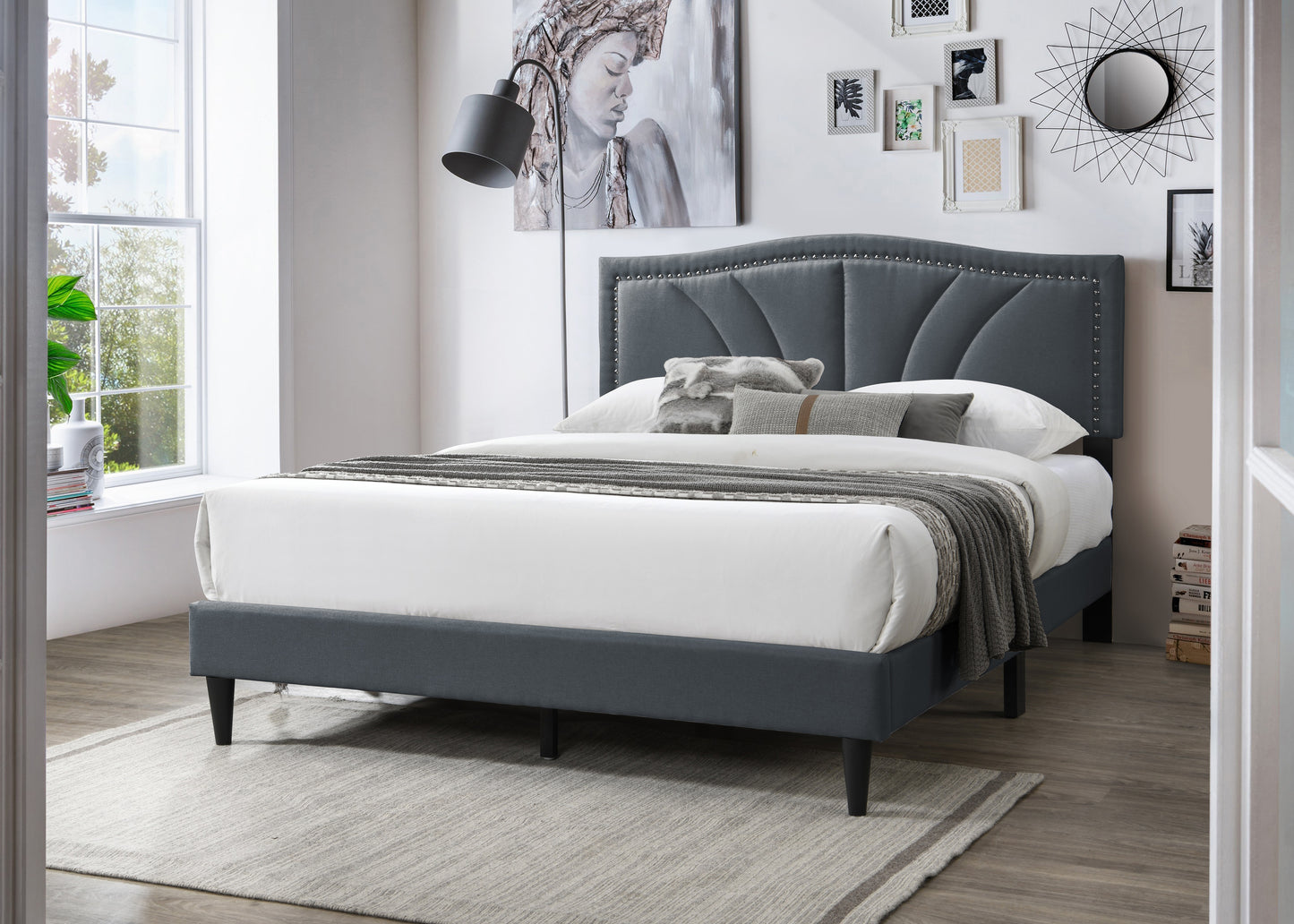 TREATLIFE HOME Queen Size Bed with Charcoal Burlap Fabric and Nailhead Trim, Modern Vintage Design, No Box Spring Required