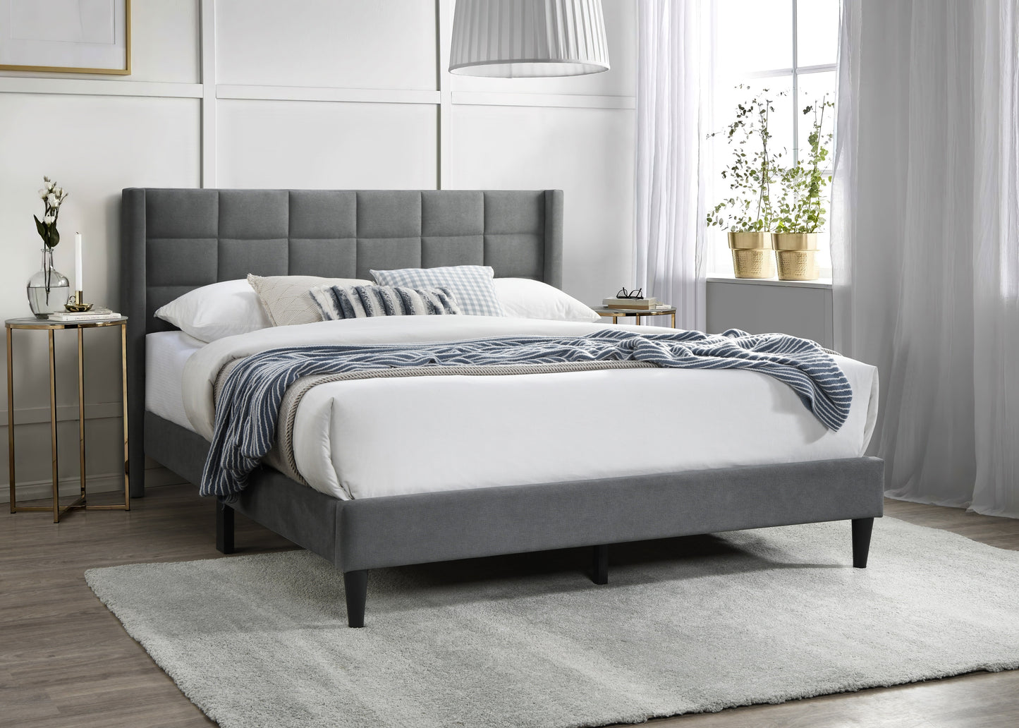 TREATLIFE HOME Queen Size Upholstered Bedframe with Brushed Linen Headboard, Modern Design, Box Spring Not Required, Gray