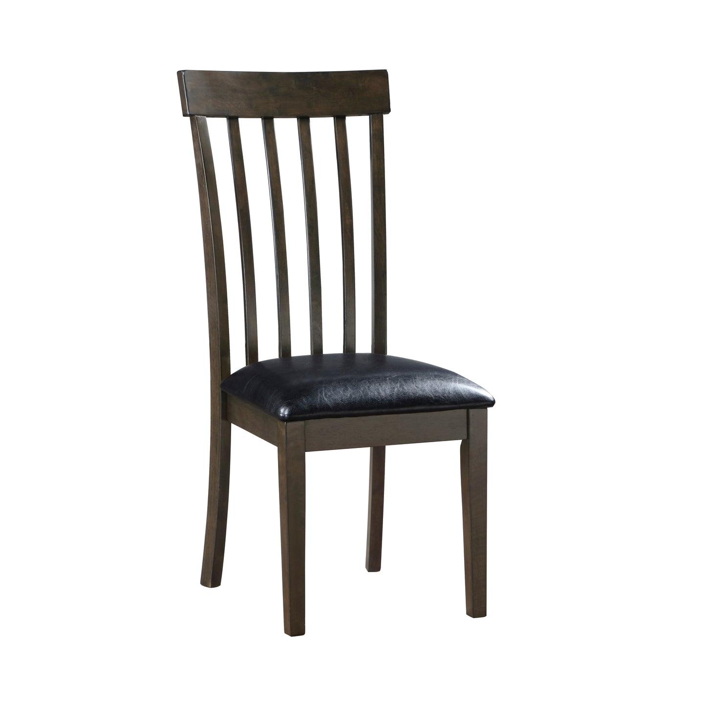Dark brown wooden dining chair with black faux leather seat