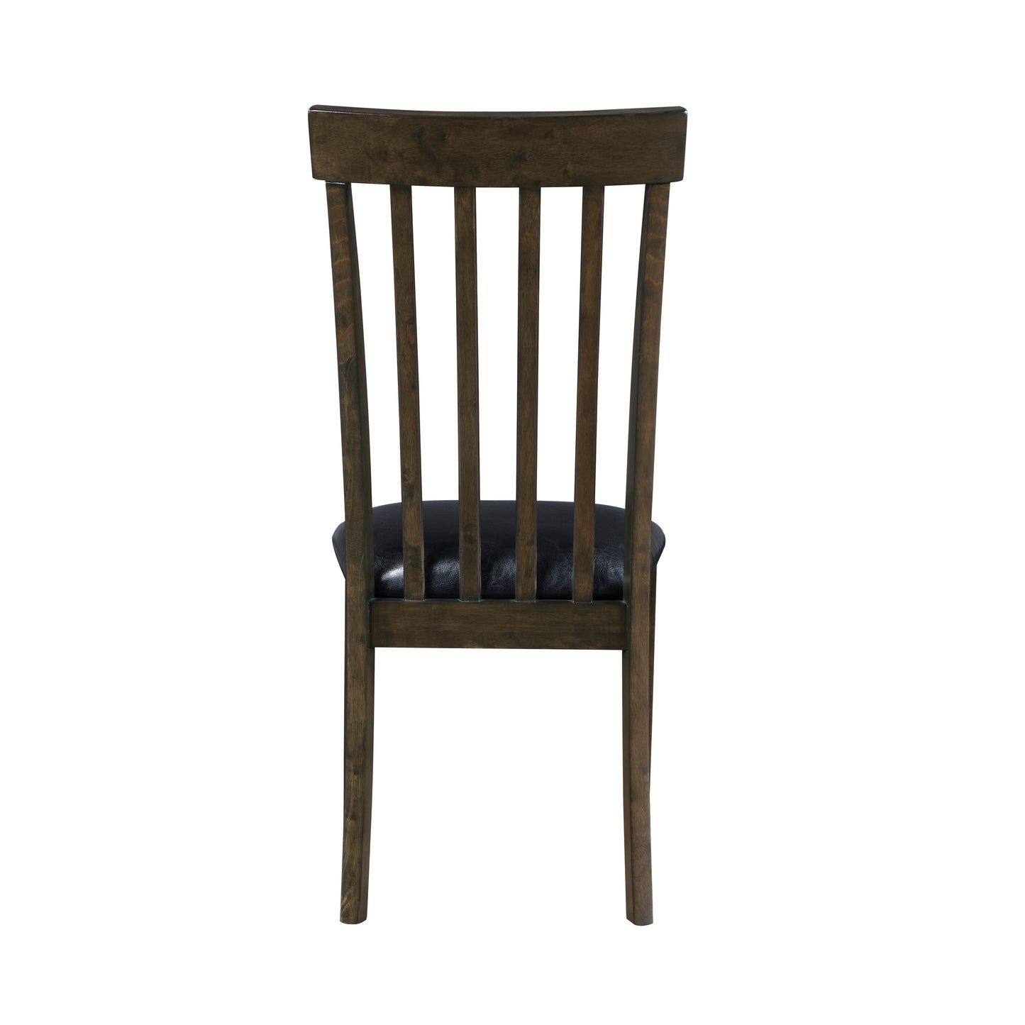 Dark stained wood dining chair with black leather seat and slatted back