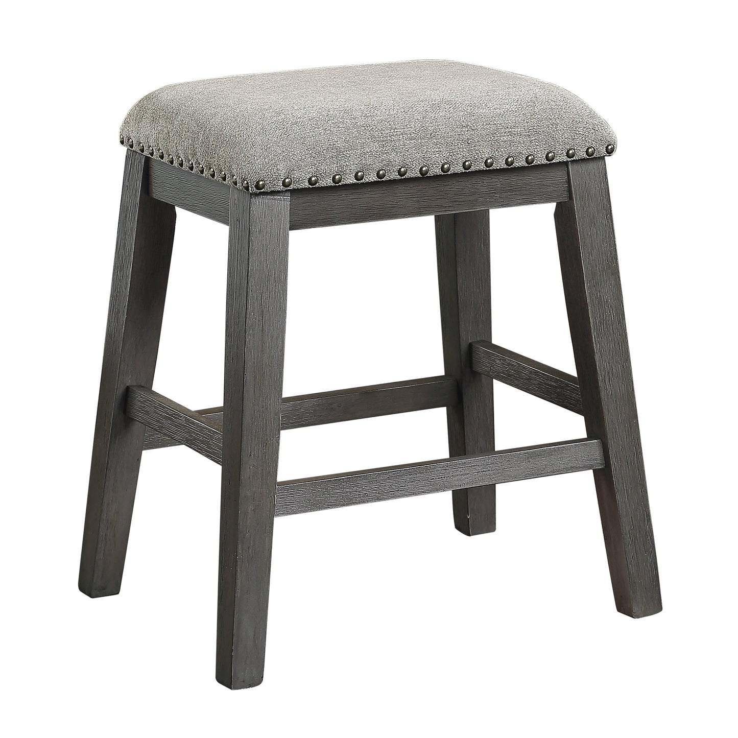 Gray upholstered counter stool with studded trim and dark wood legs