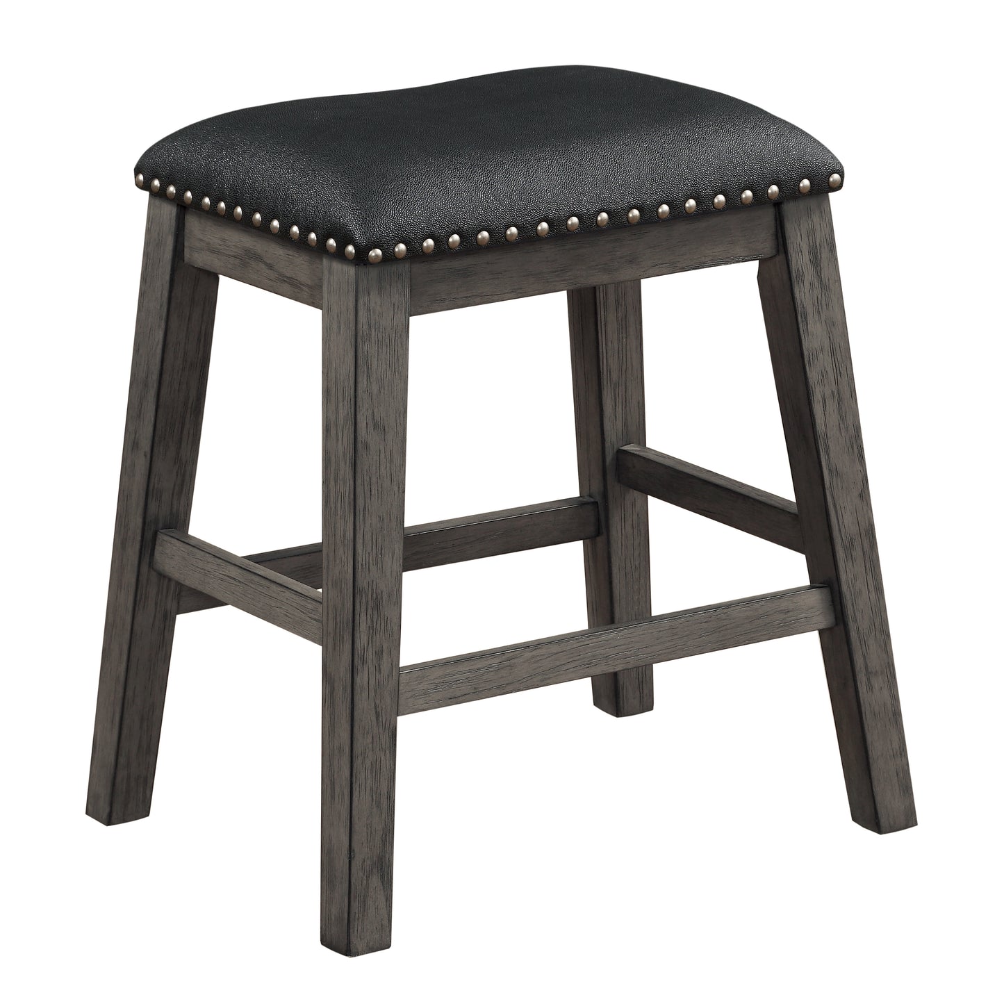 Grey distressed wood counter stool with black faux leather seat and silver nailhead trim