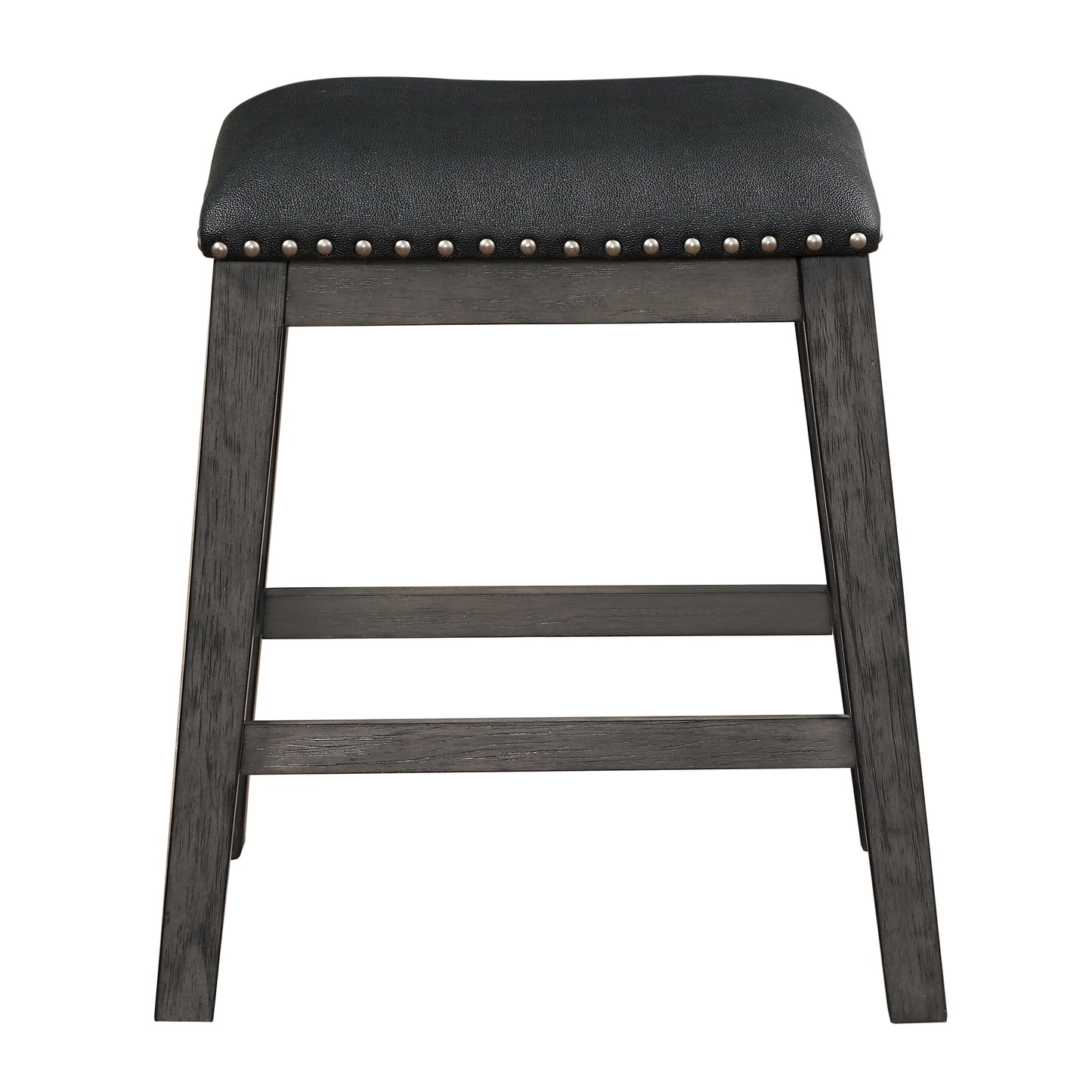 Black upholstered counter stool with nailhead trim and dark gray wooden legs