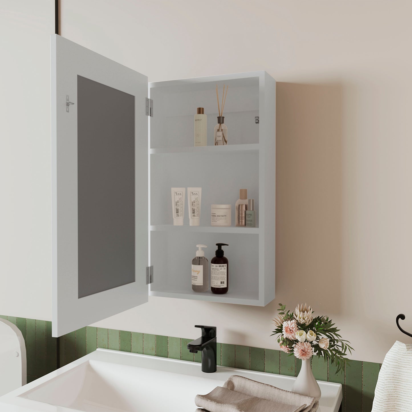 White medicine cabinet with mirrored door open displaying toiletries and shelves