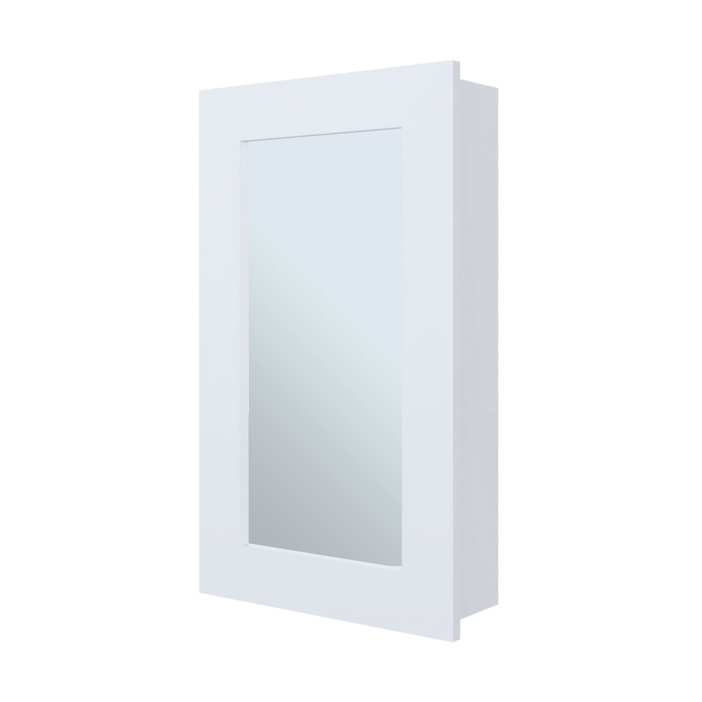 White recessed medicine cabinet with mirrored door and sleek frame